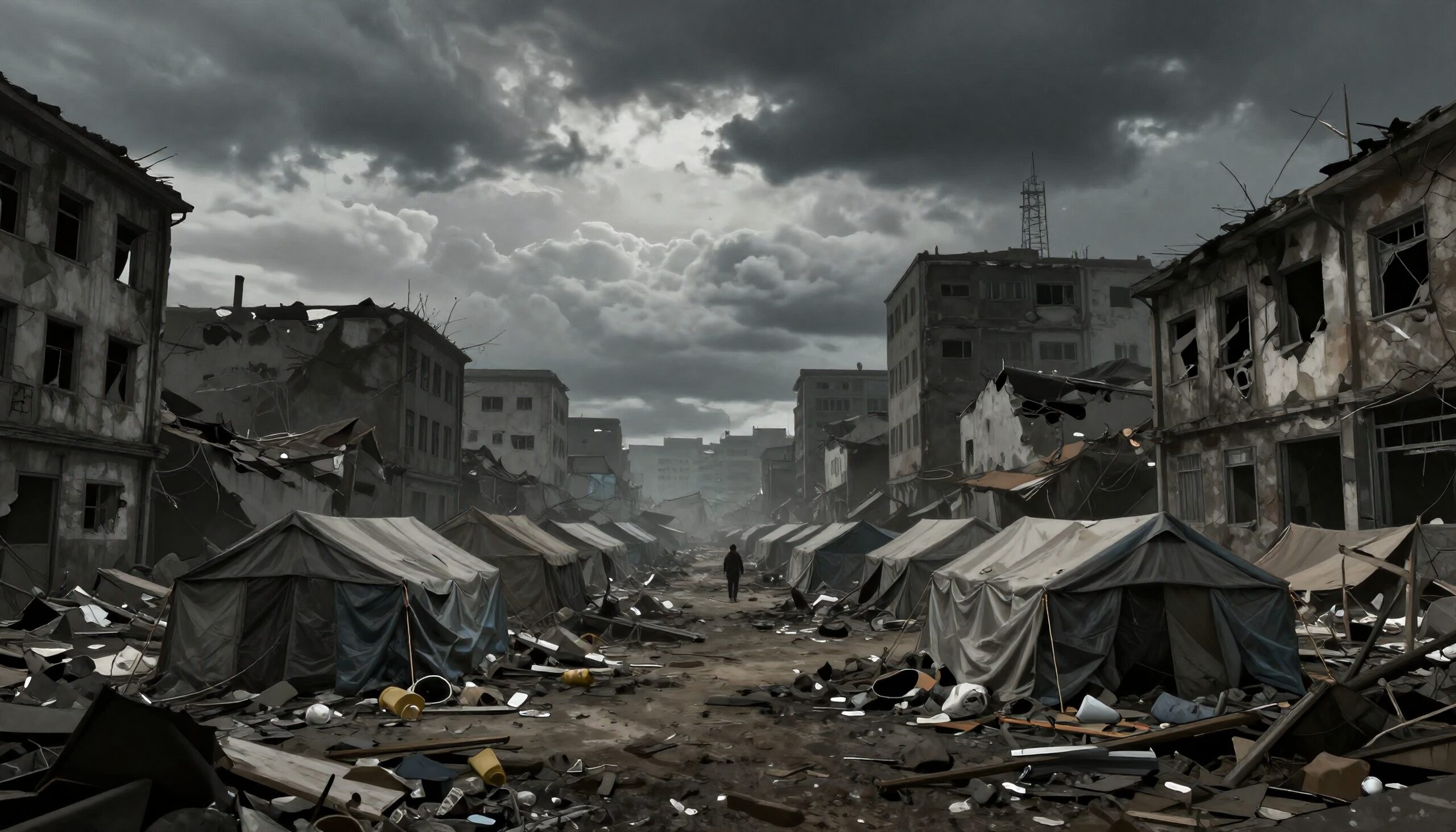 Image of a desolate, ruined city with tents and debris.