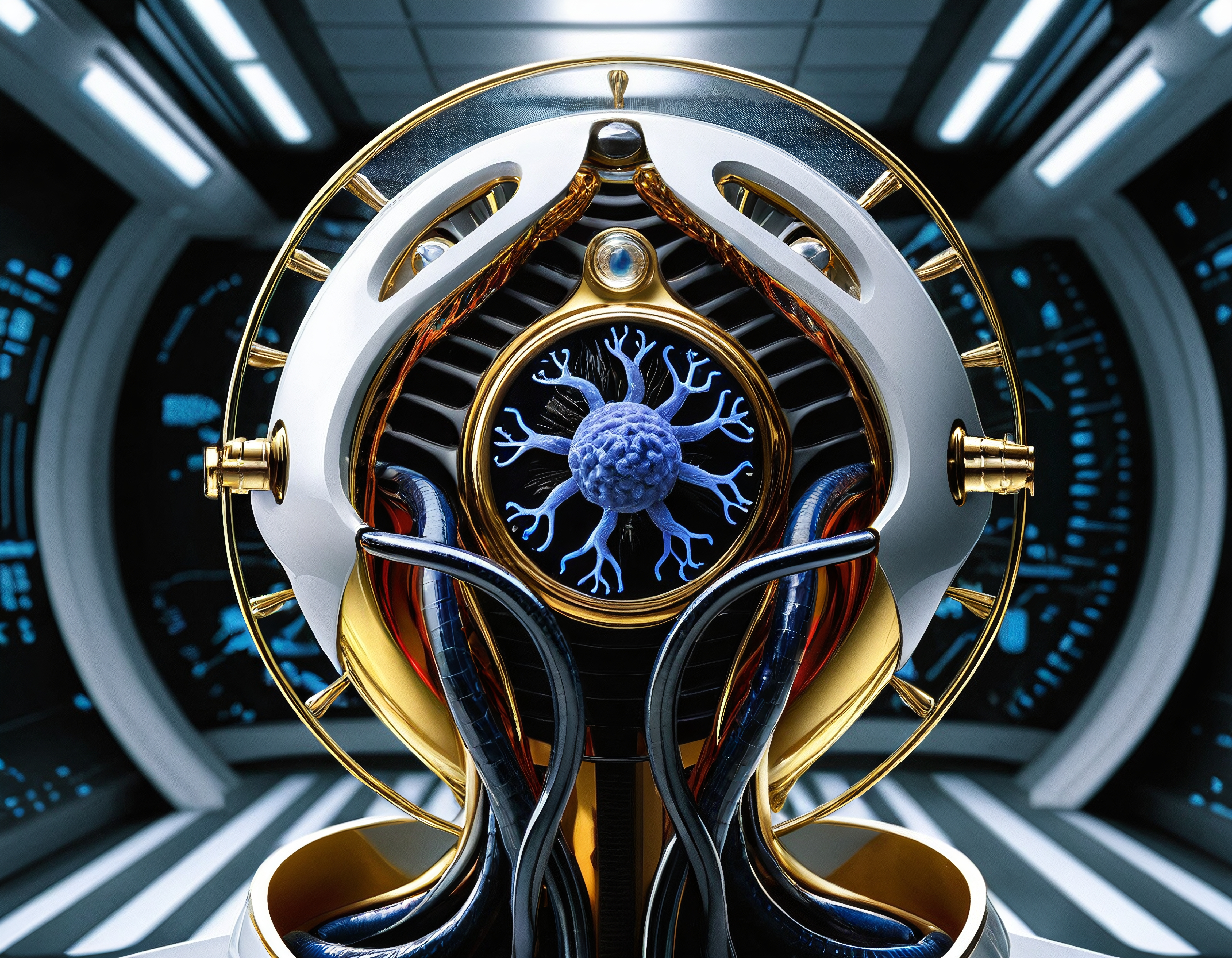 A futuristic device with metallic and gold components featuring a central glowing blue sphere.