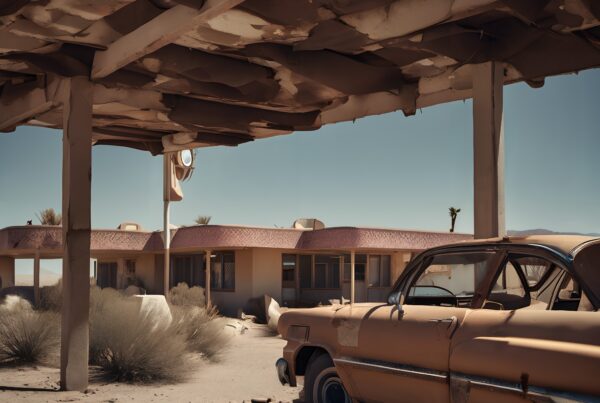 Abandoned vintage car beneath a decaying desert gas station canopy conveying desolation and nostalgia.