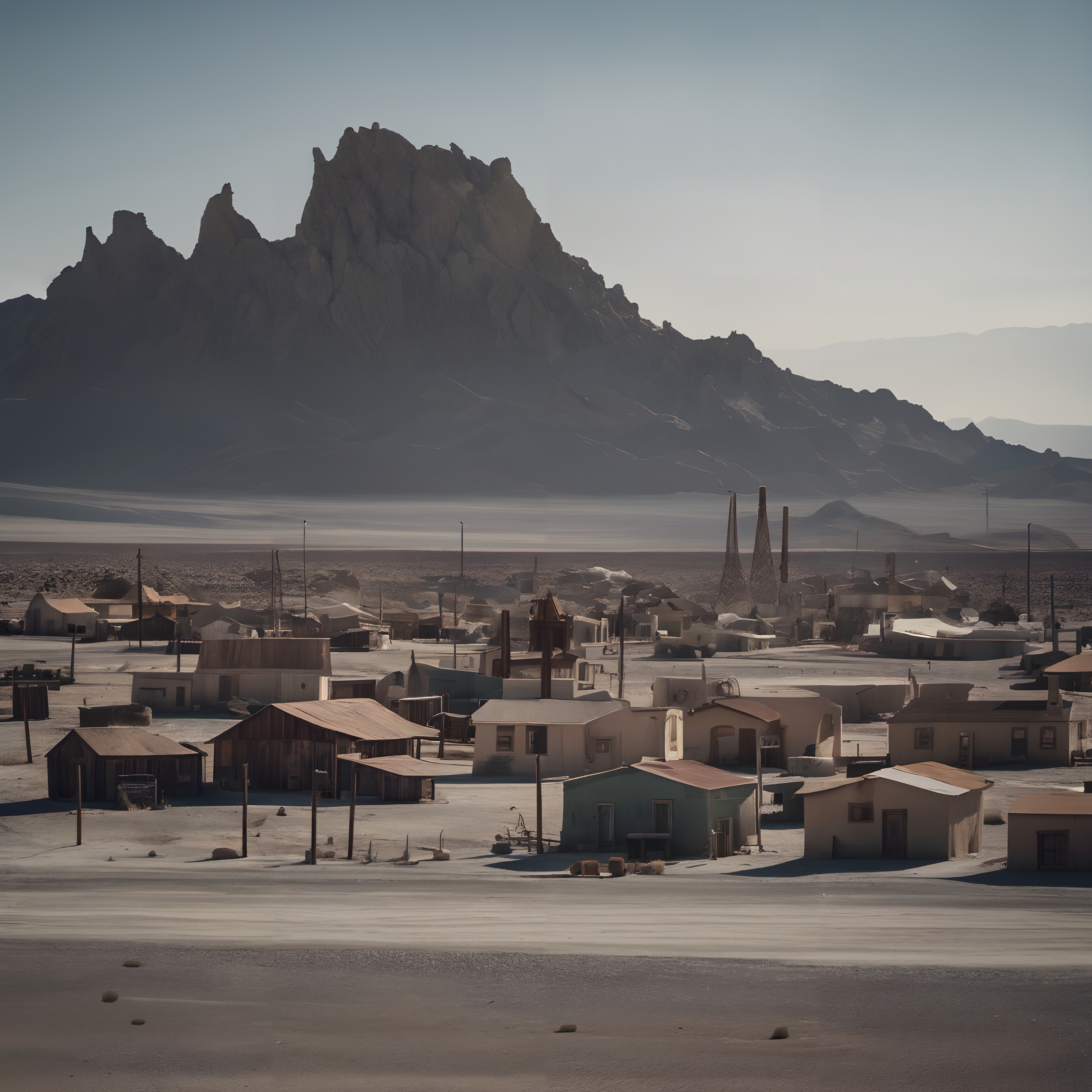 A small desert town under a rugged mountain range at dawn.