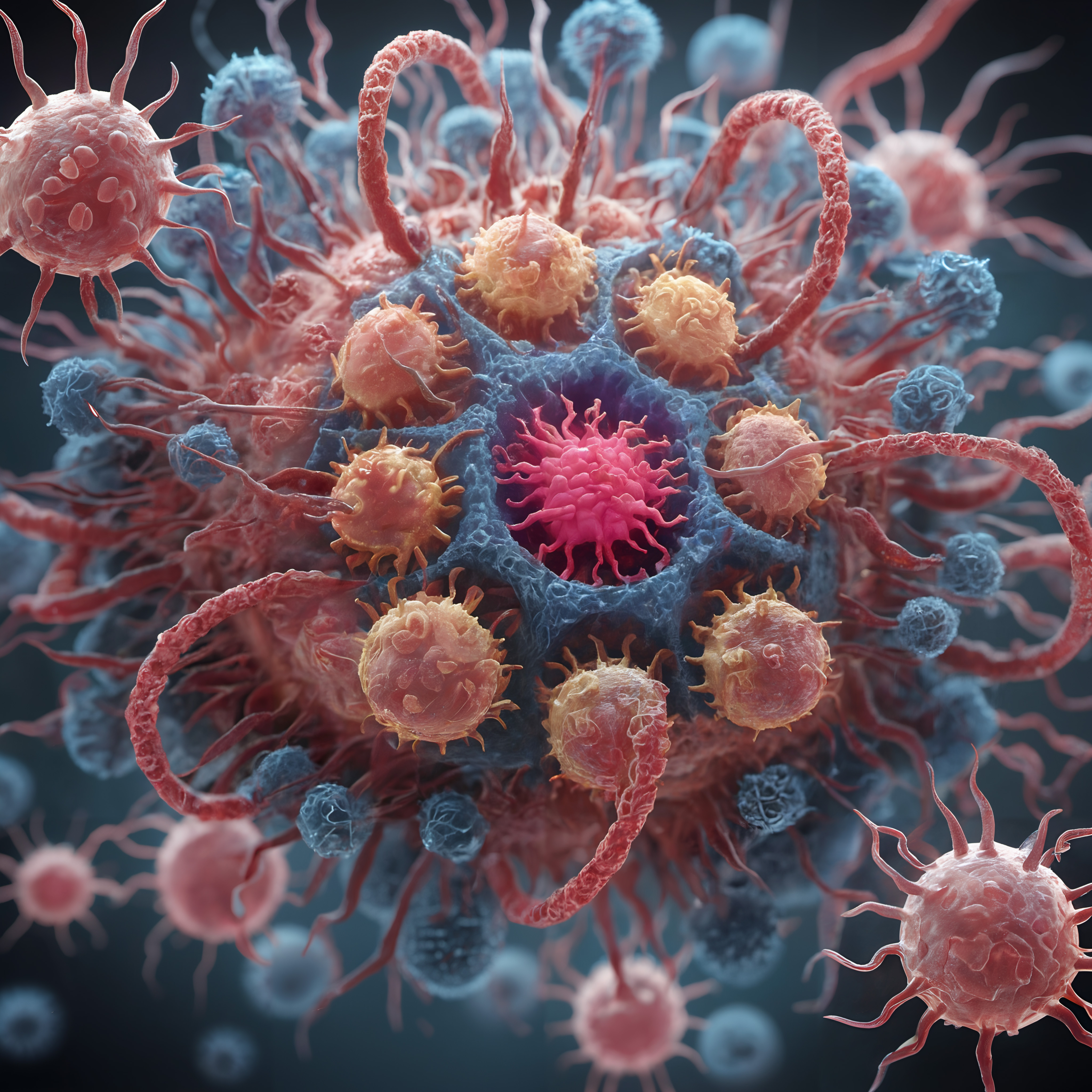 Colorful microscopic virus illustration with detailed textures and vibrant colors.