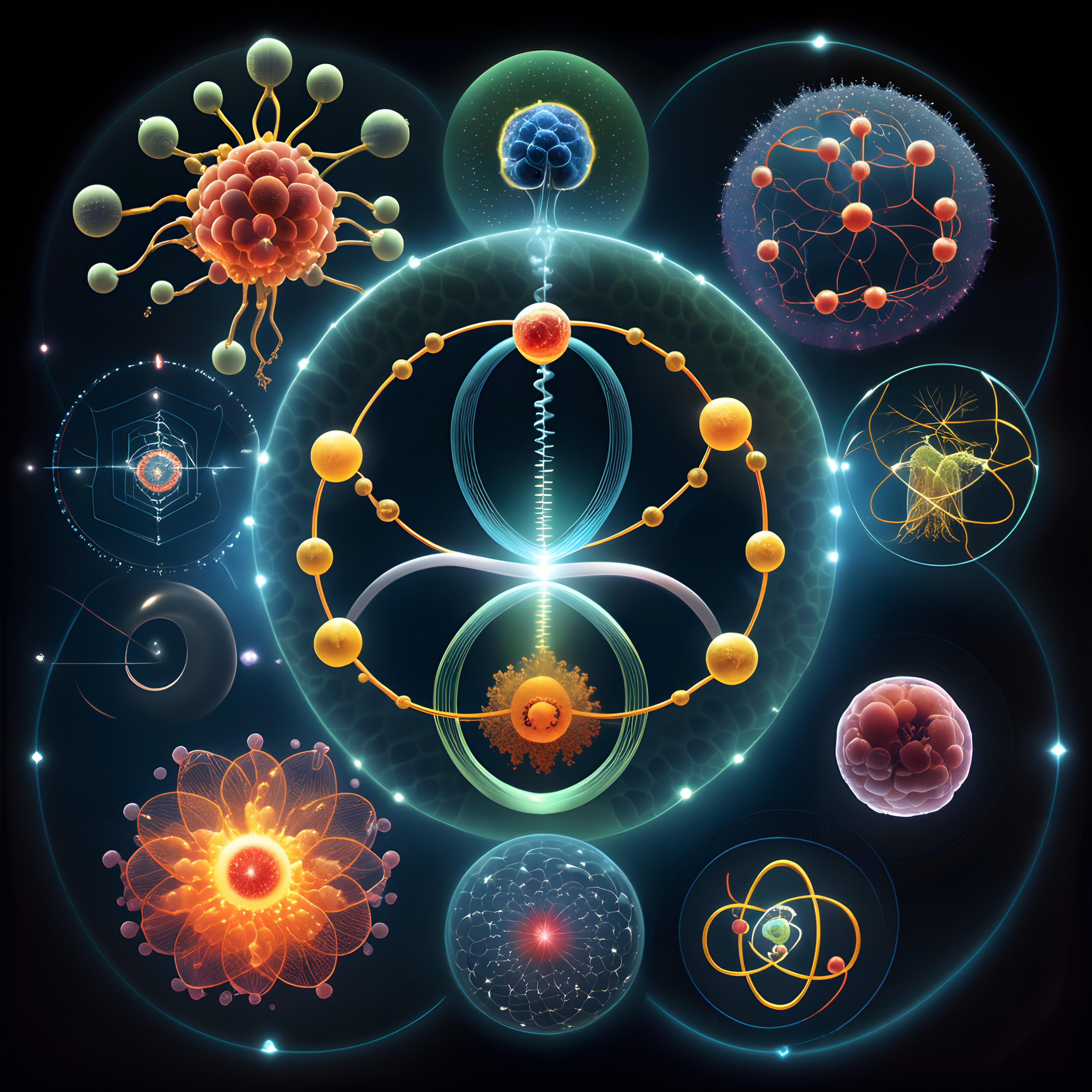 Vibrant abstract illustration of molecular structures on dark background.