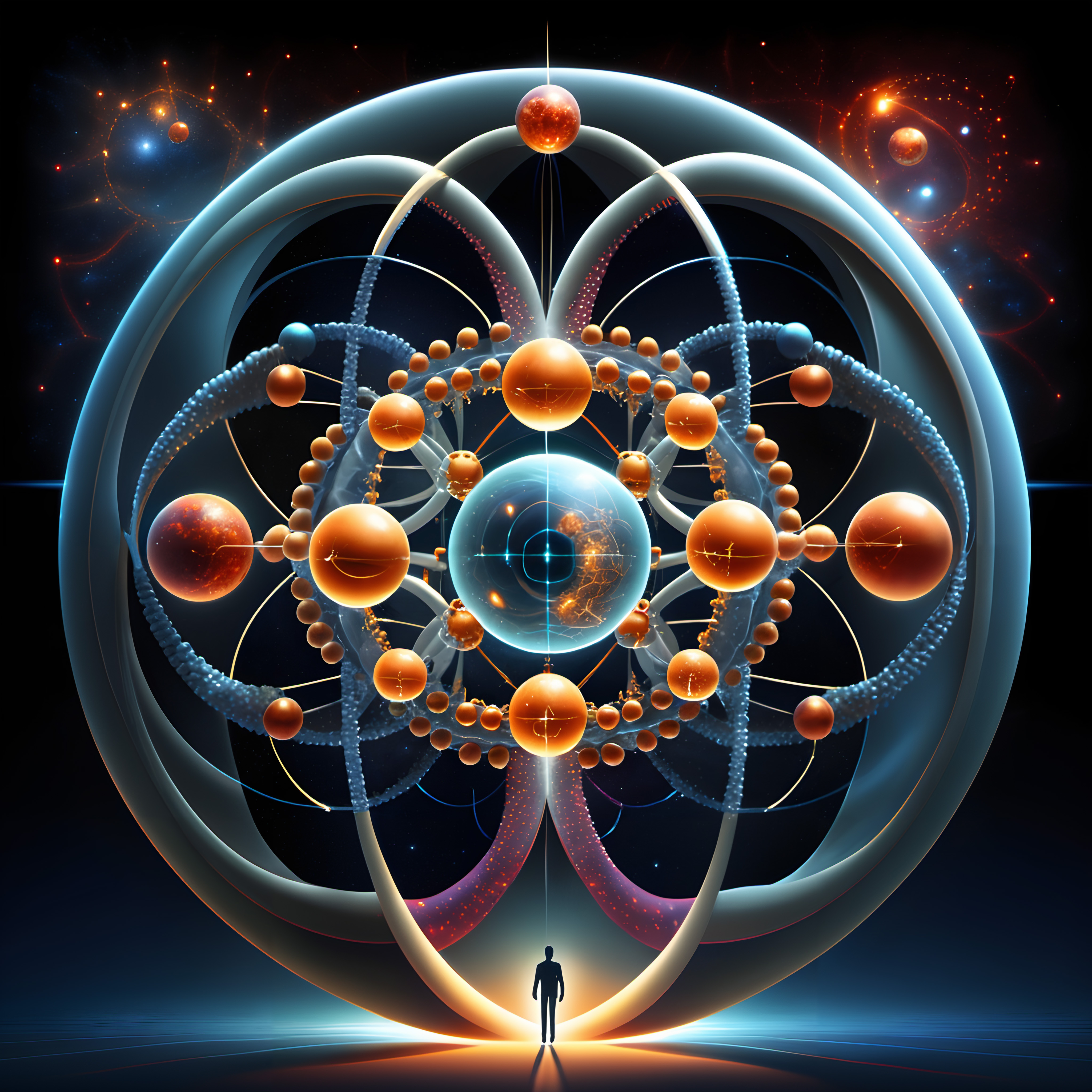 Abstract cosmic scene with a silhouetted figure standing before a vibrant, intricate, atom-like structure set against a dark universe.