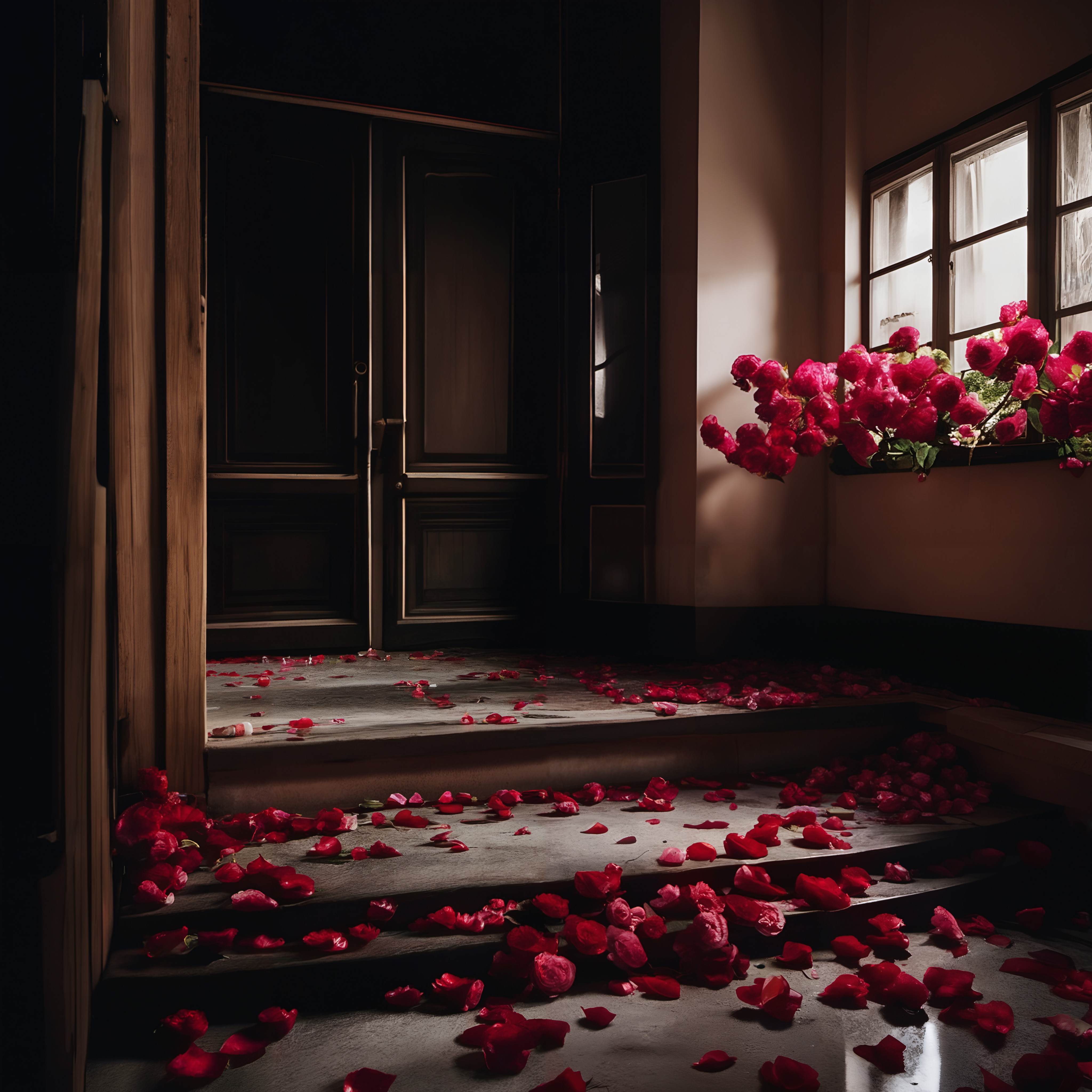 Dimly lit hallway with scattered rose petals leading up to wooden doors, enhancing a romantic and mysterious atmosphere.