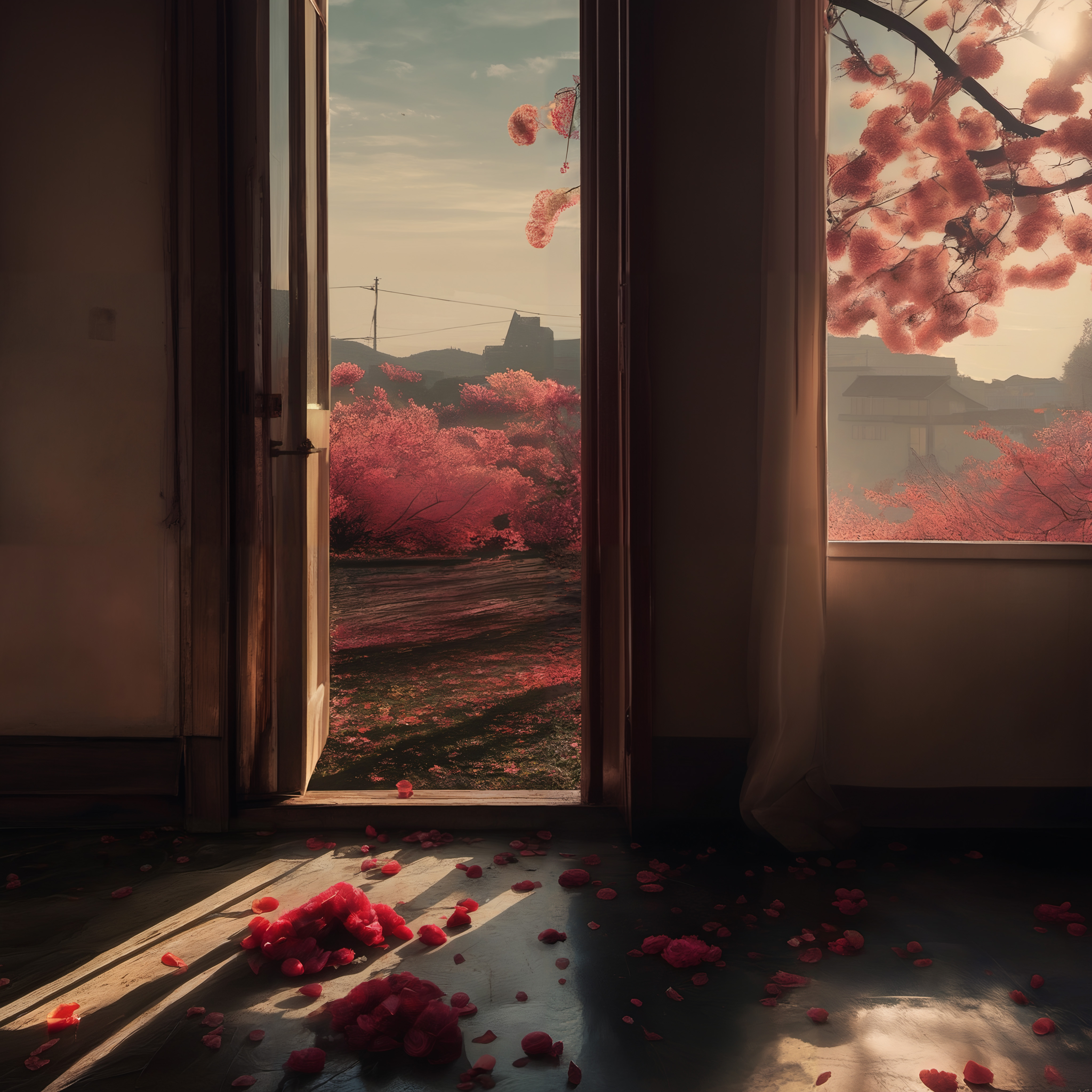 An open door reveals cherry blossoms and scattered petals under soft, warm sunlight, creating a serene and inviting scene.