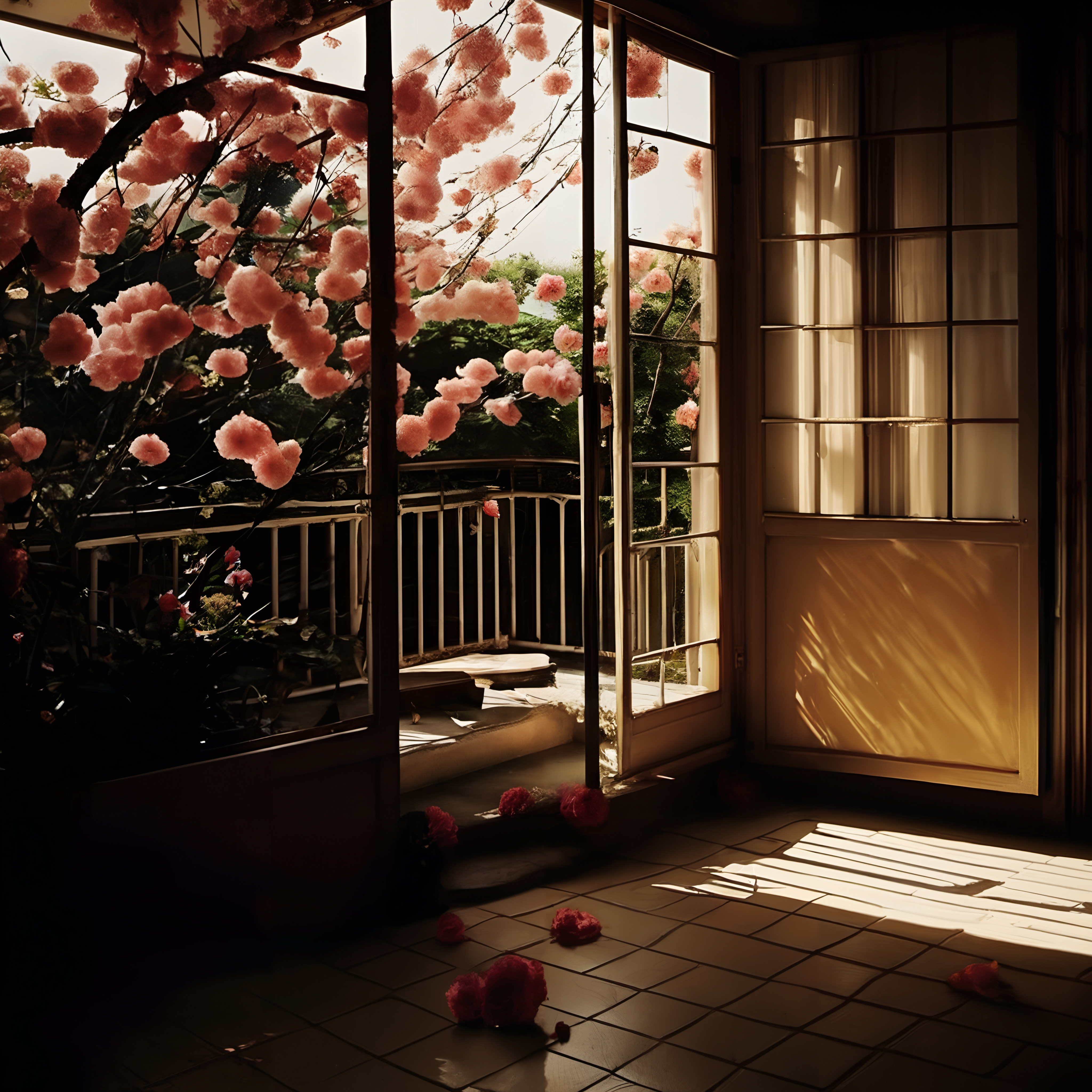 Balcony Framed by Blossoming Tree
