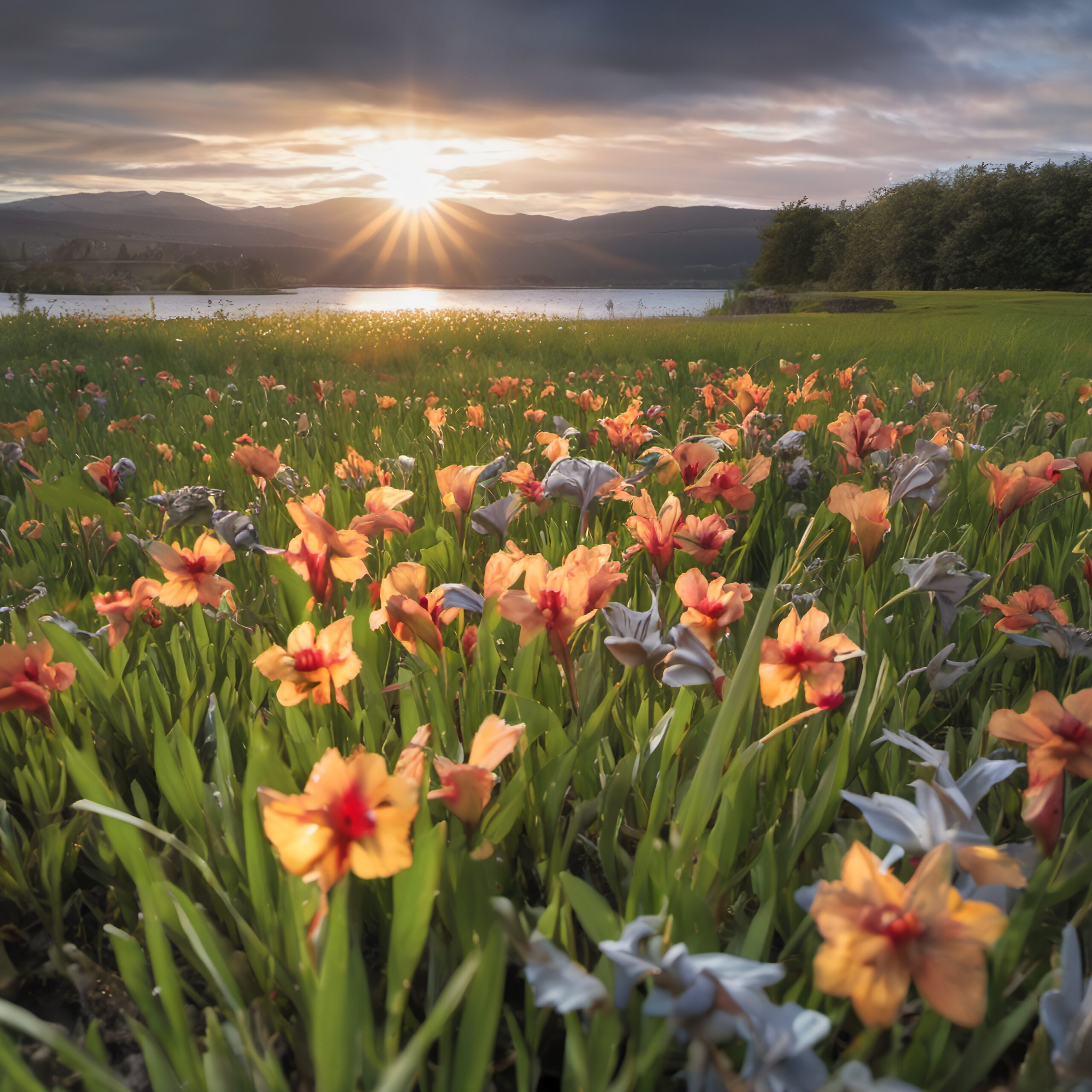 A colorful field of vibrant orange and blue flowers at sunset with serene lake and rolling hills in the background.