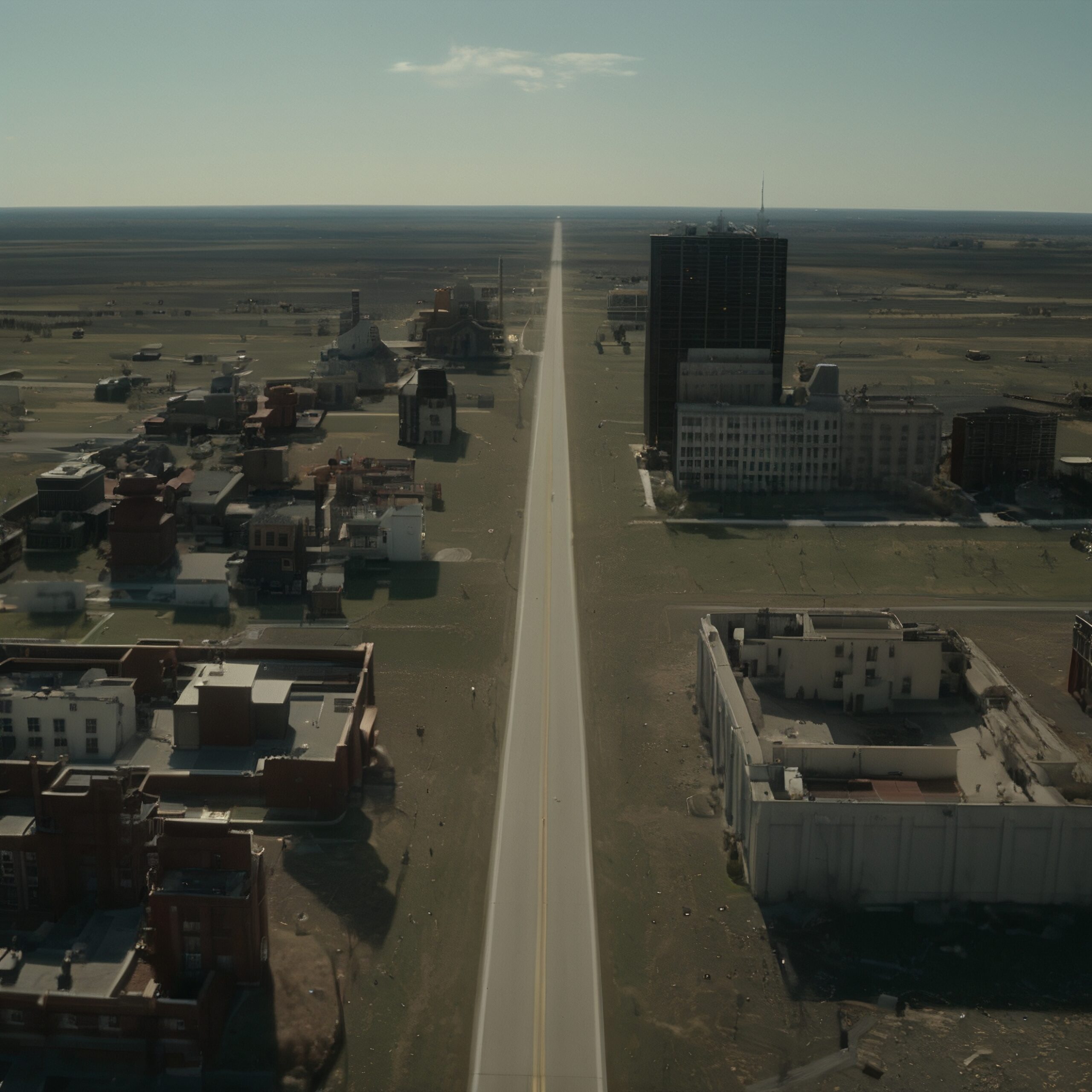 A long, empty road stretches through an abandoned town.