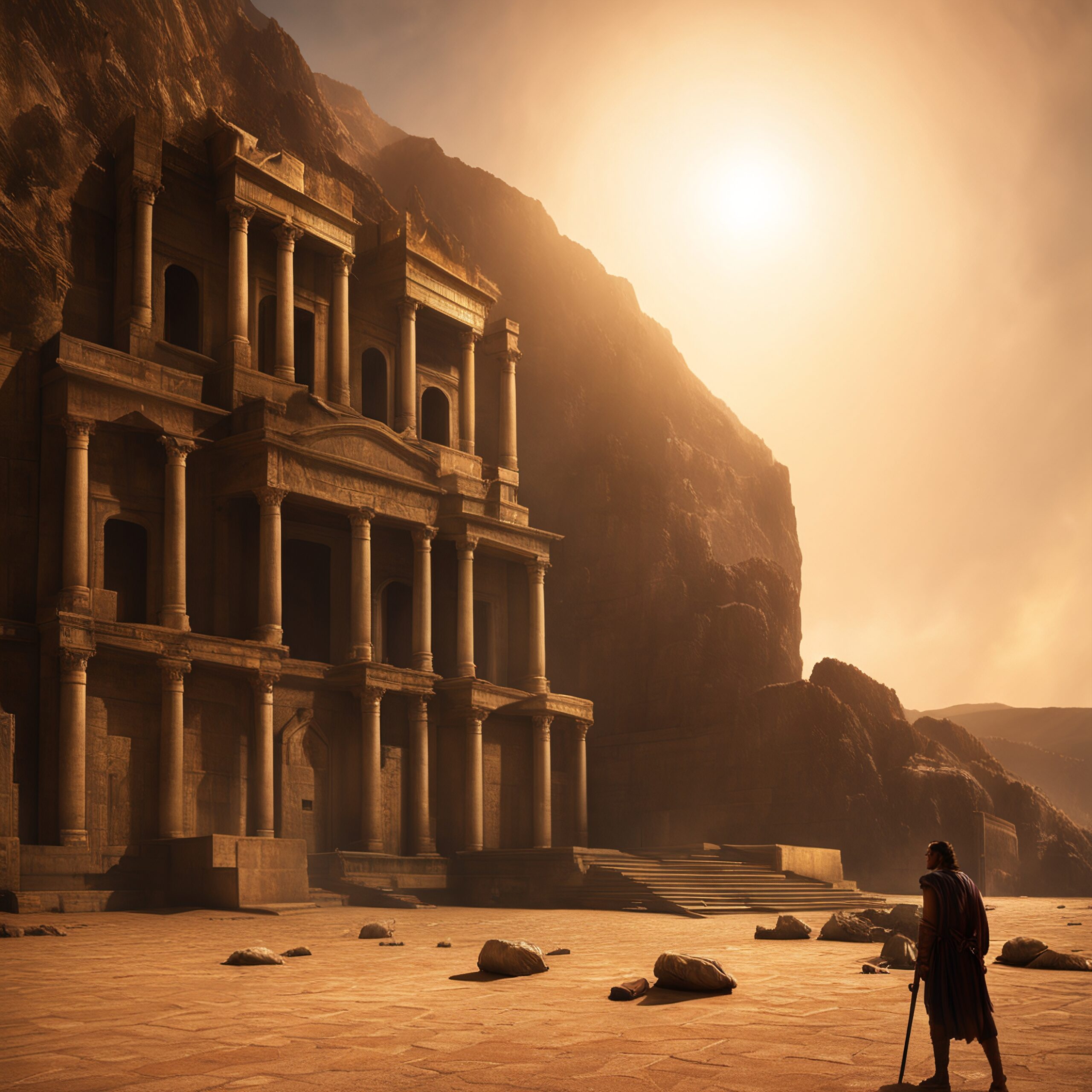 Ancient stone building with setting sun.