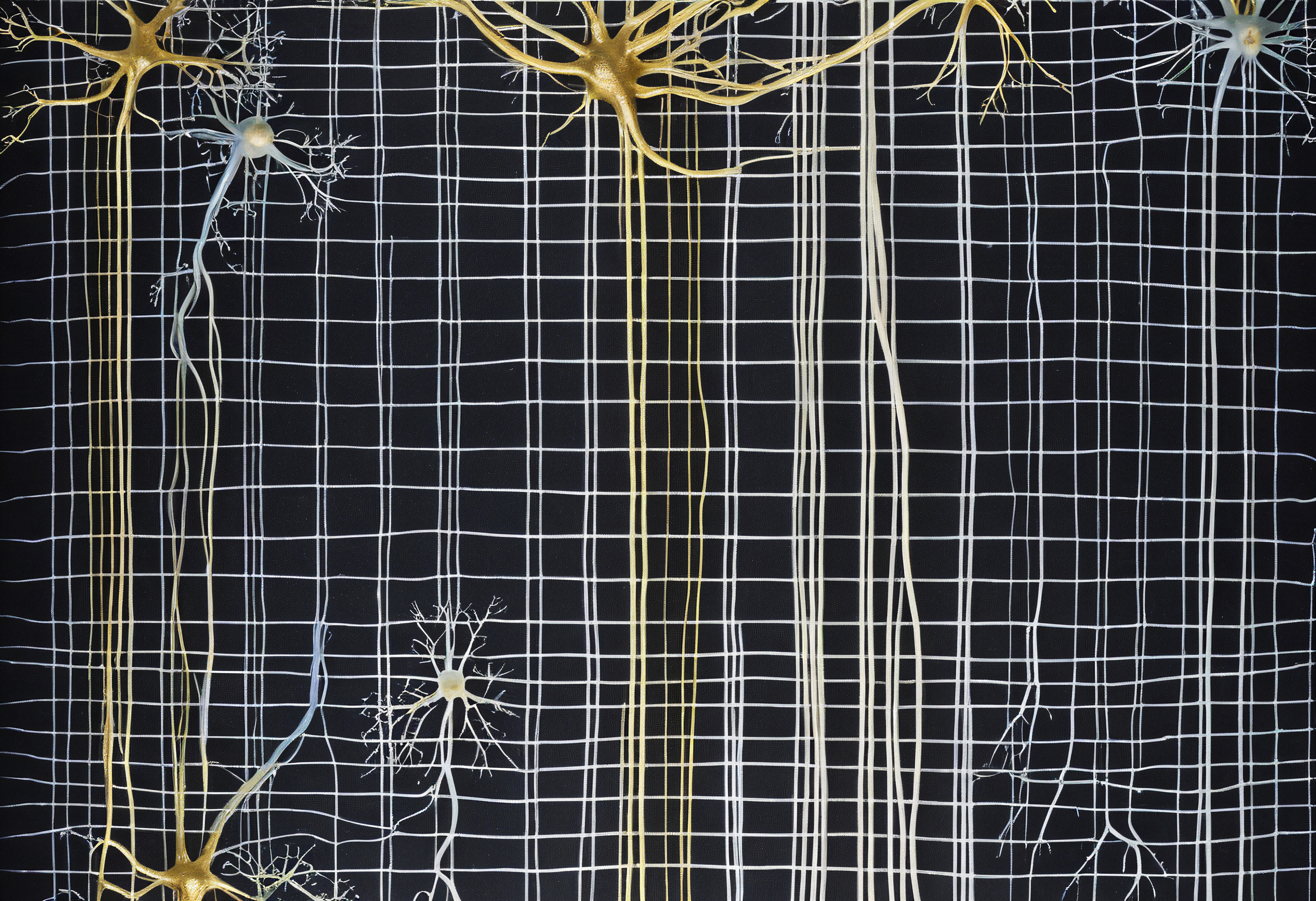 Abstract representation of neurons with a grid pattern overlay, emphasizing complex neural connections on a dark background.
