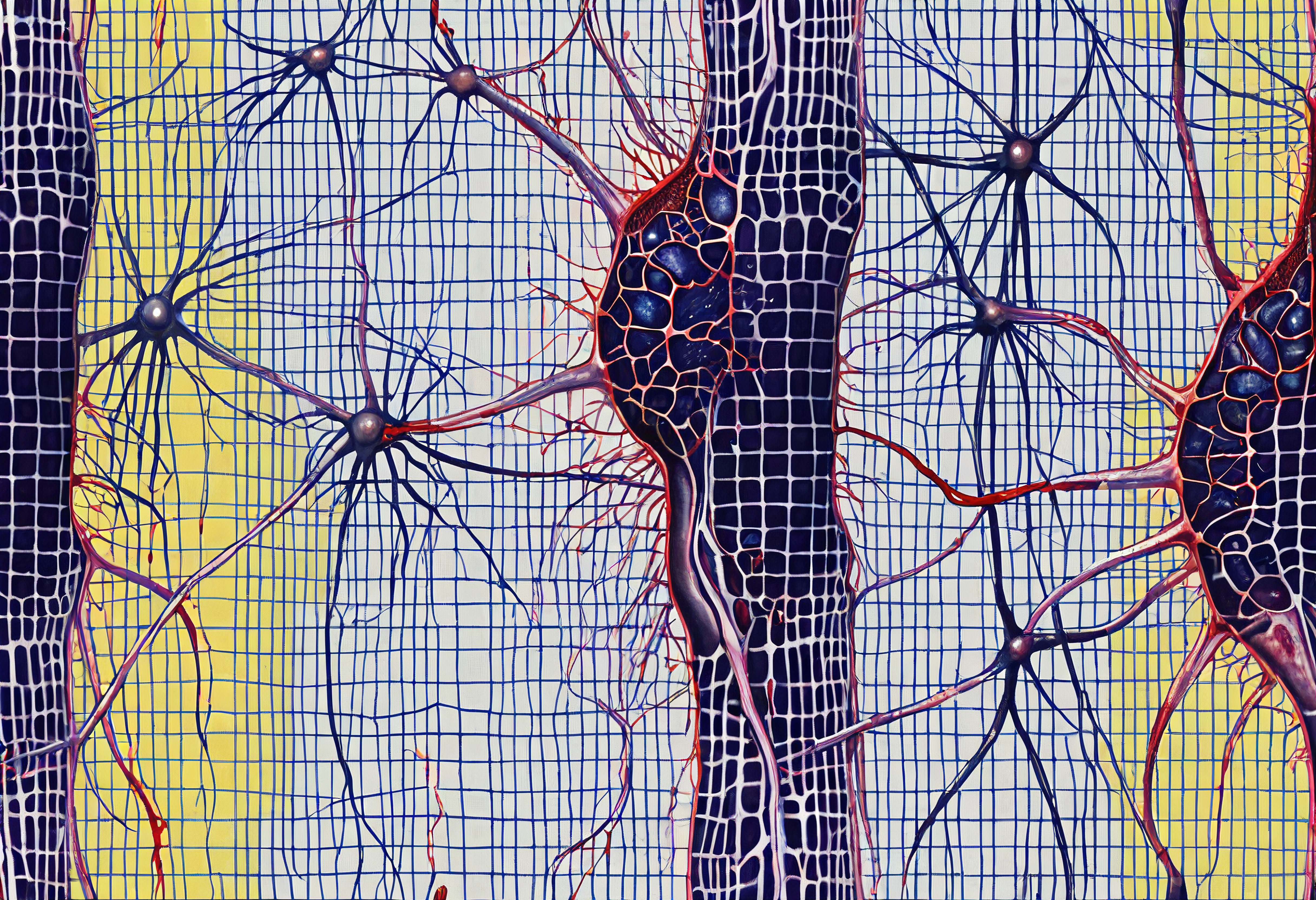 An abstract depiction of neurons intertwined on a yellow and blue grid background, showcasing complex network structures.