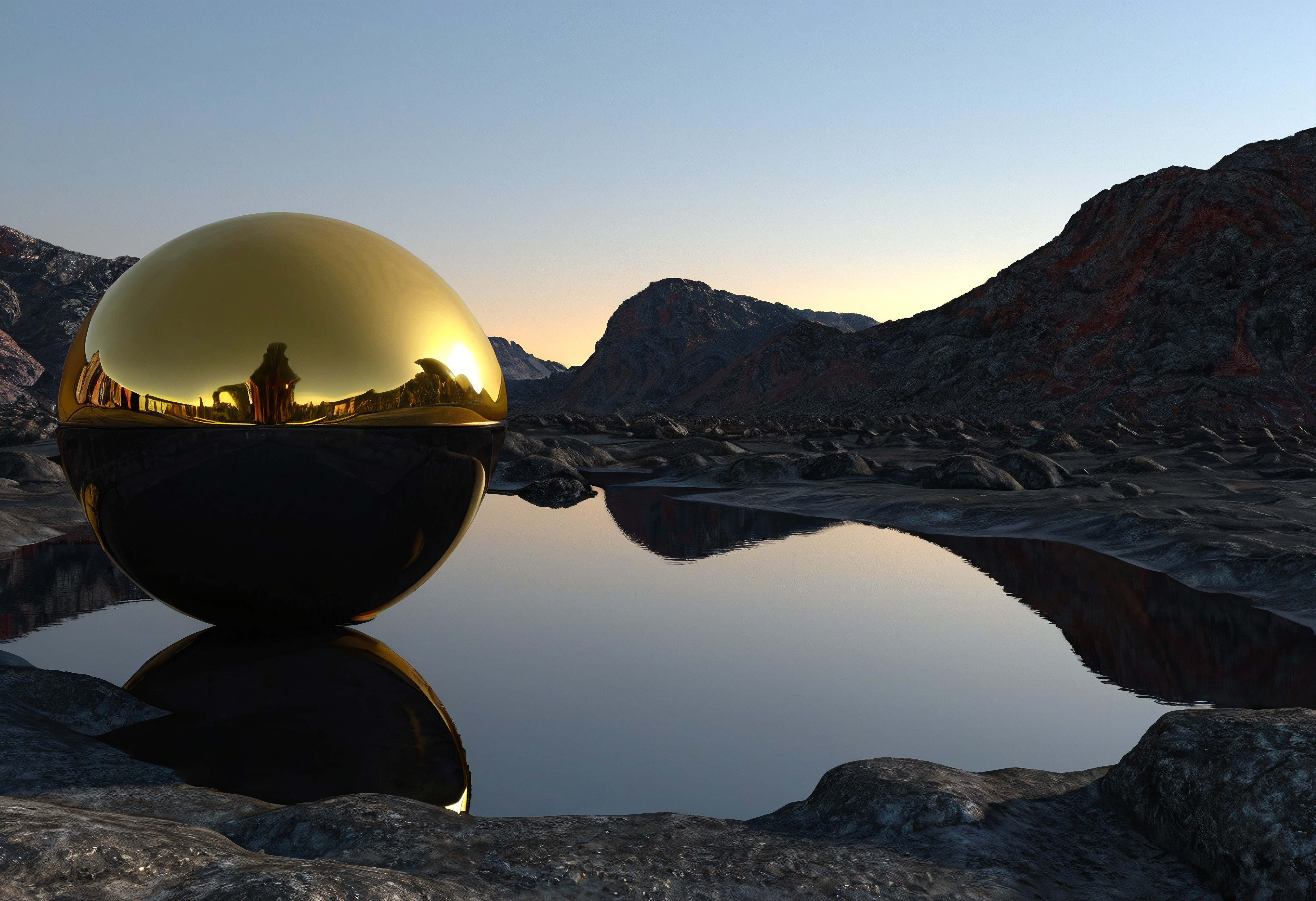 A reflective golden sphere on rocky terrain with a serene sunset.