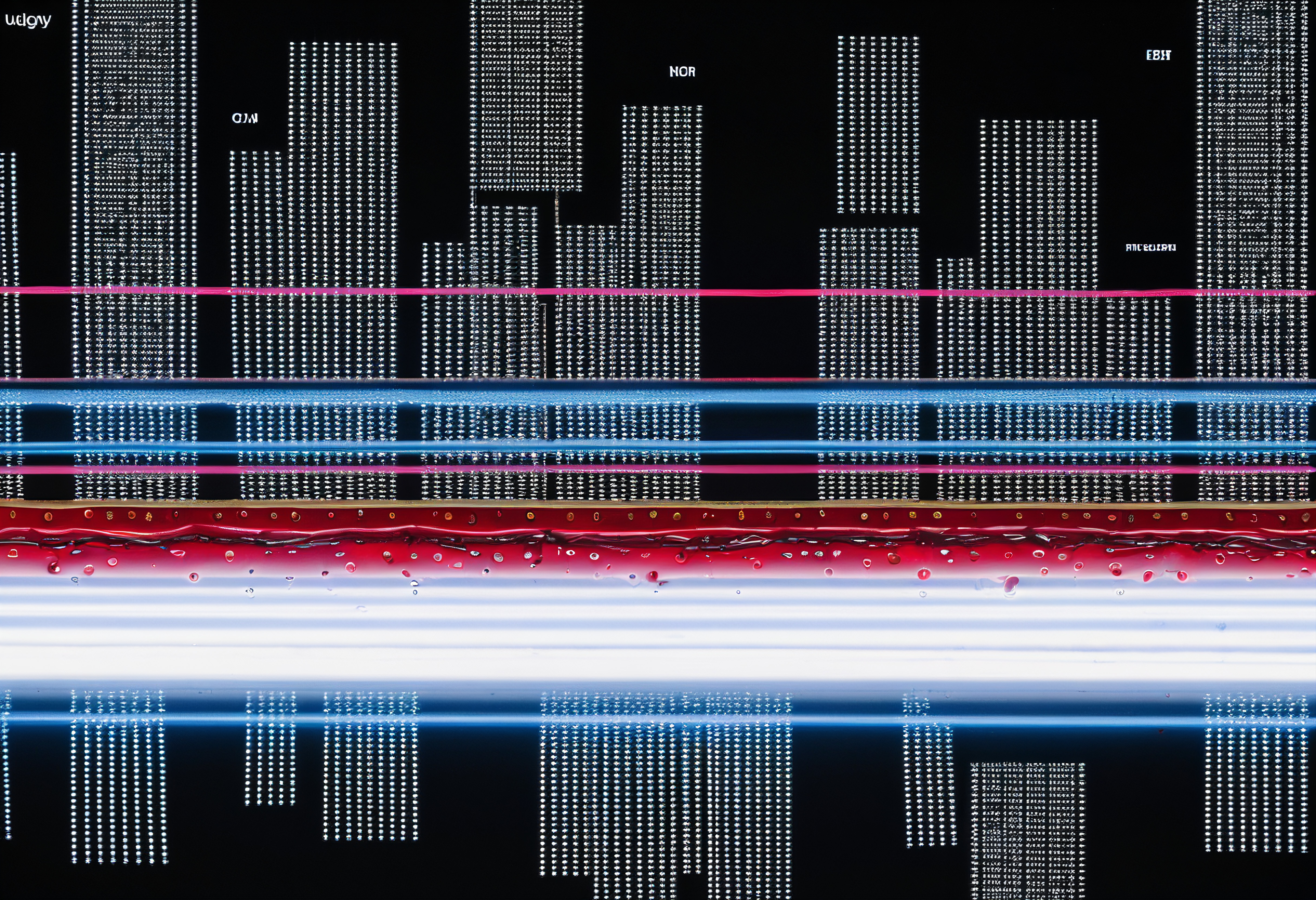 Futuristic digital cityscape with neon lines and red liquid contrast.