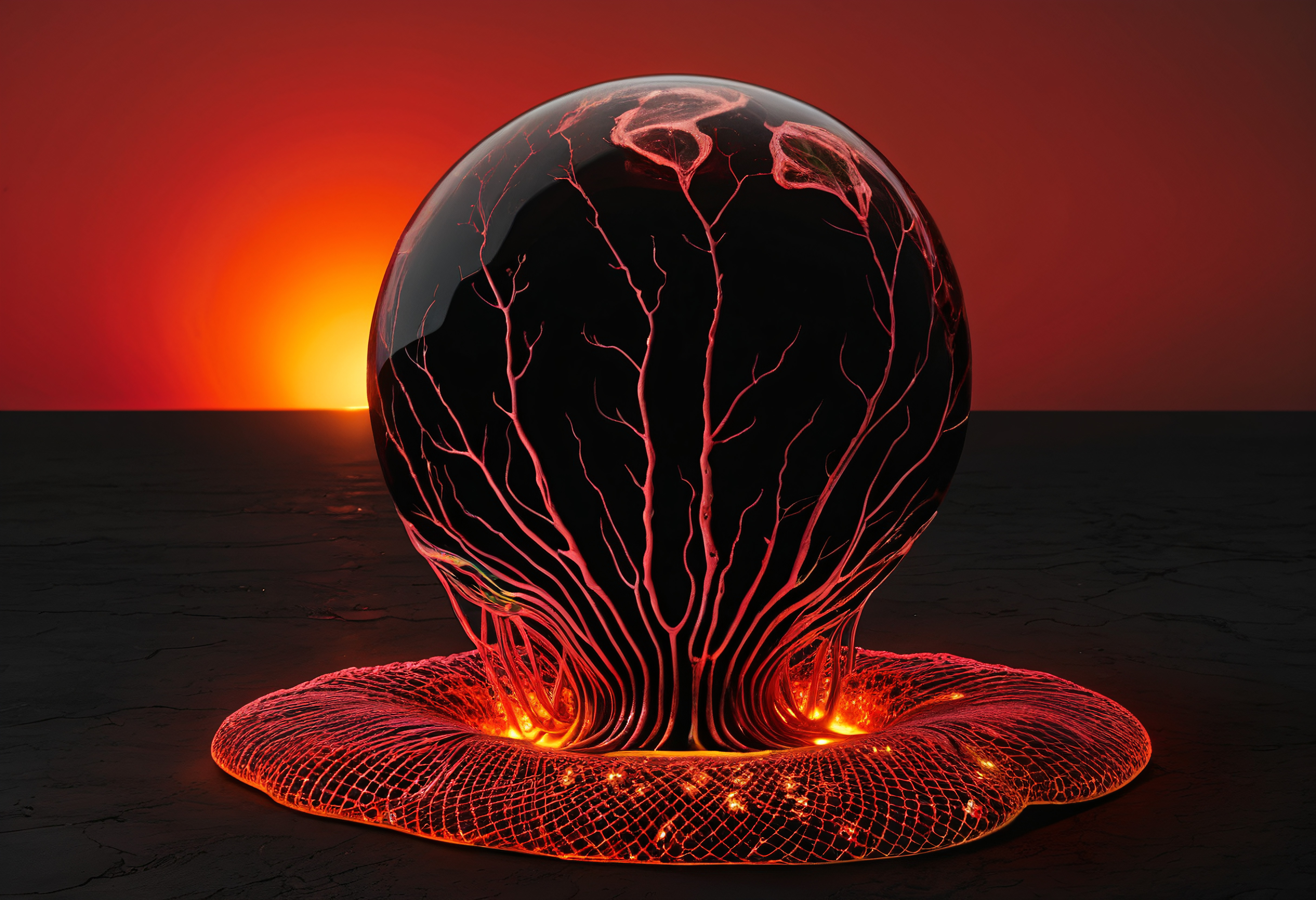 Surreal spherical object with glowing red veins against a sunset backdrop.
