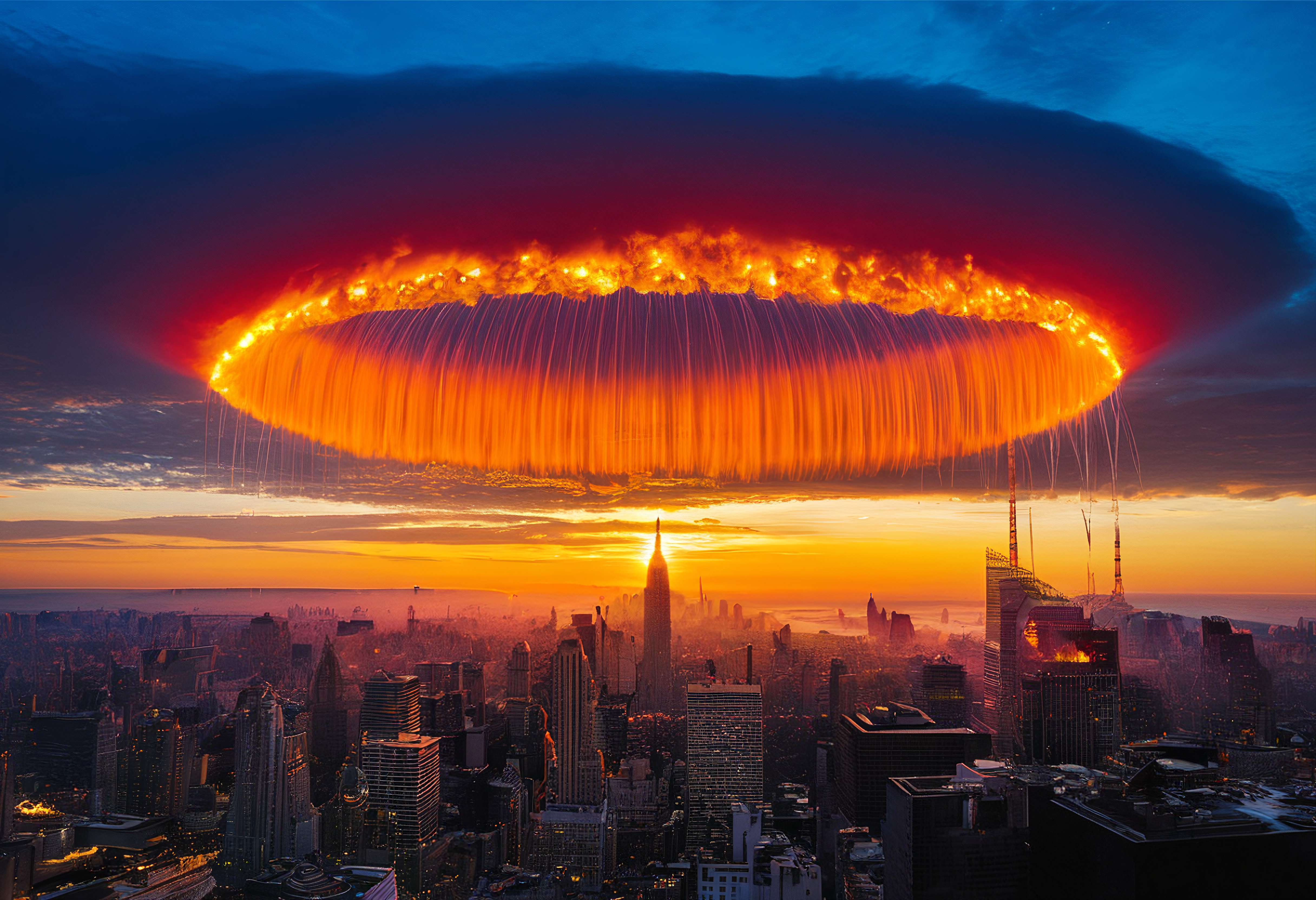Fiery phenomenon hovering over cityscape during dramatic sunset.