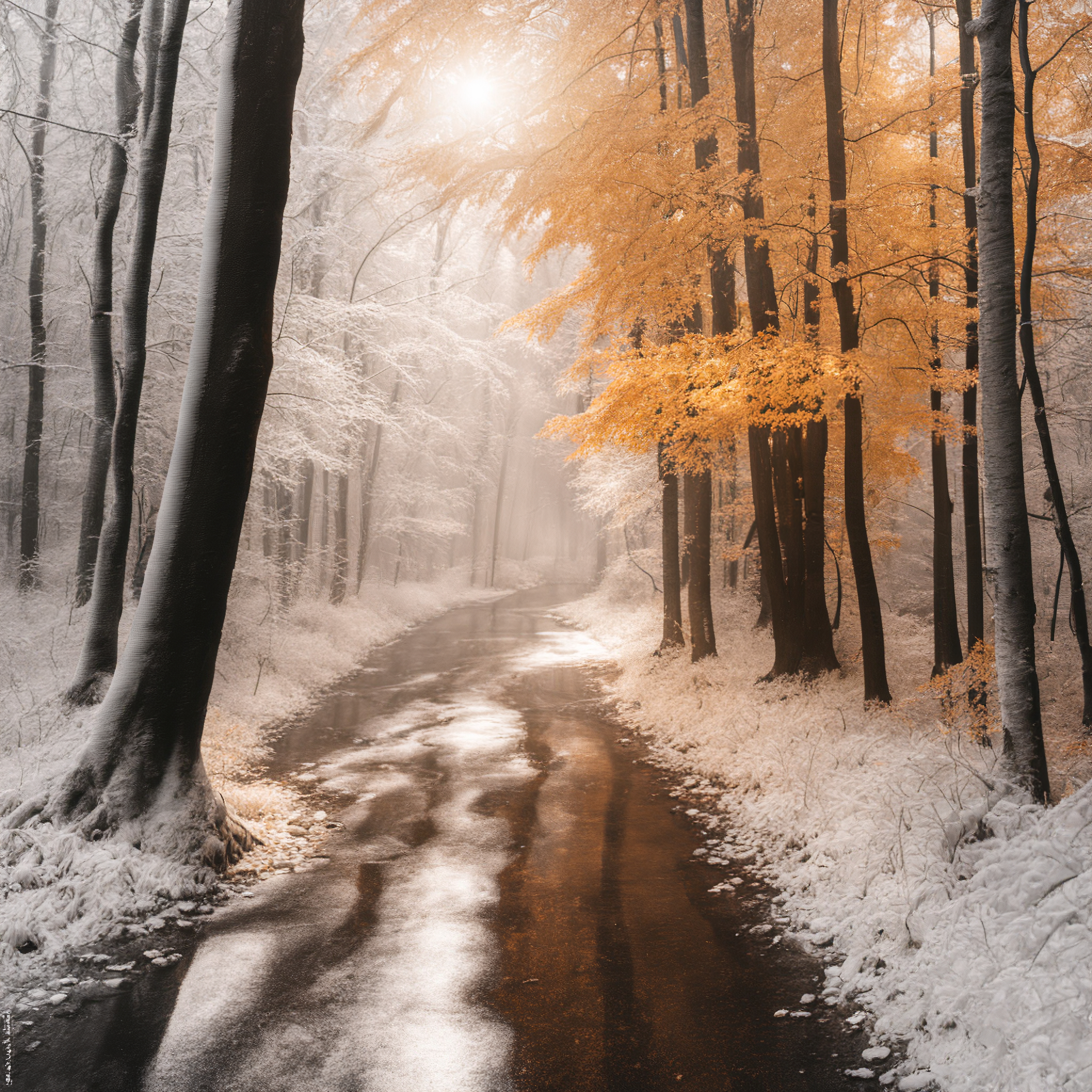 A picturesque forest path with vibrant autumn leaves and snow-dusted trees under soft sunlight.