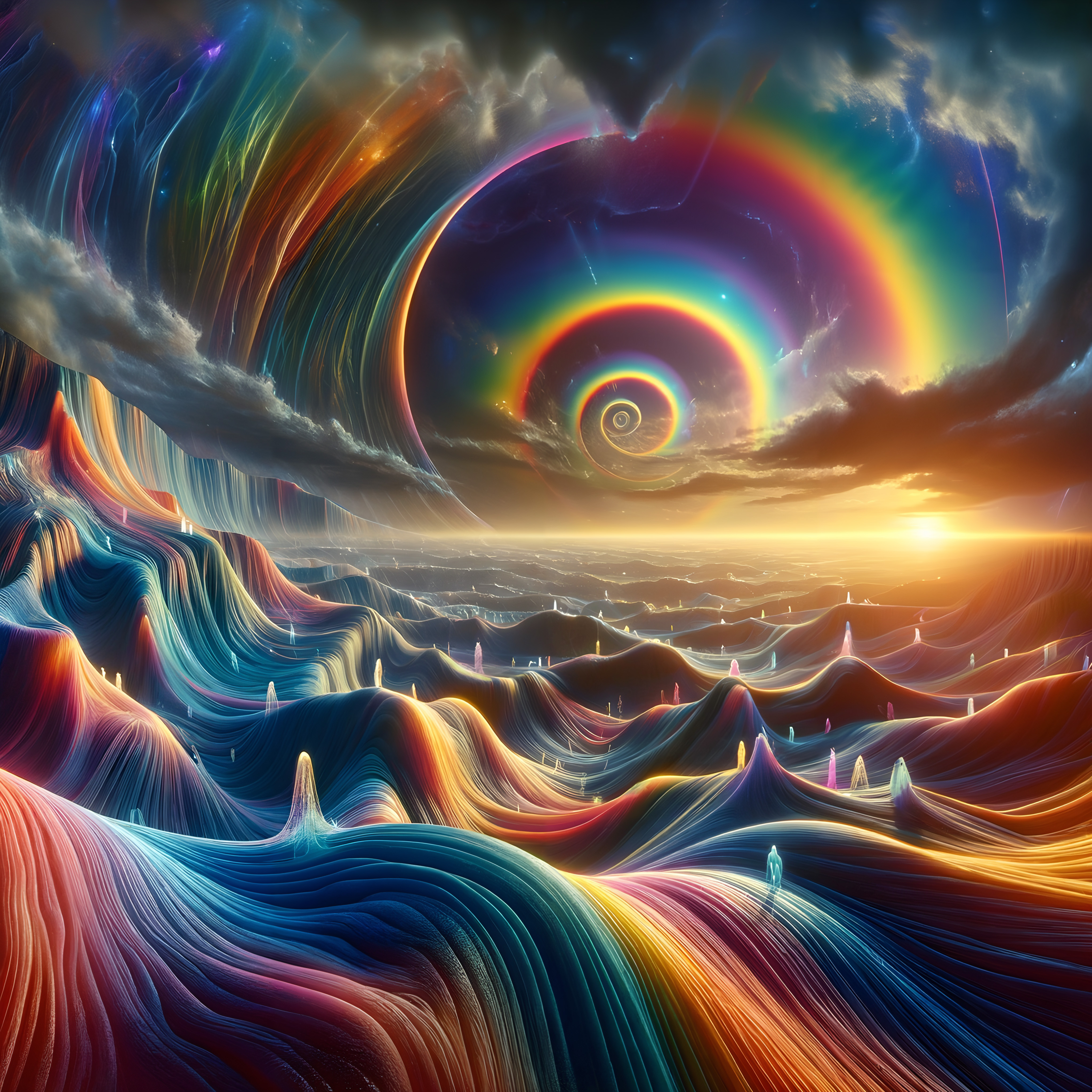 A surreal landscape with rainbow hills and a spiral rainbow at sunset, evoking a dream-like atmosphere.