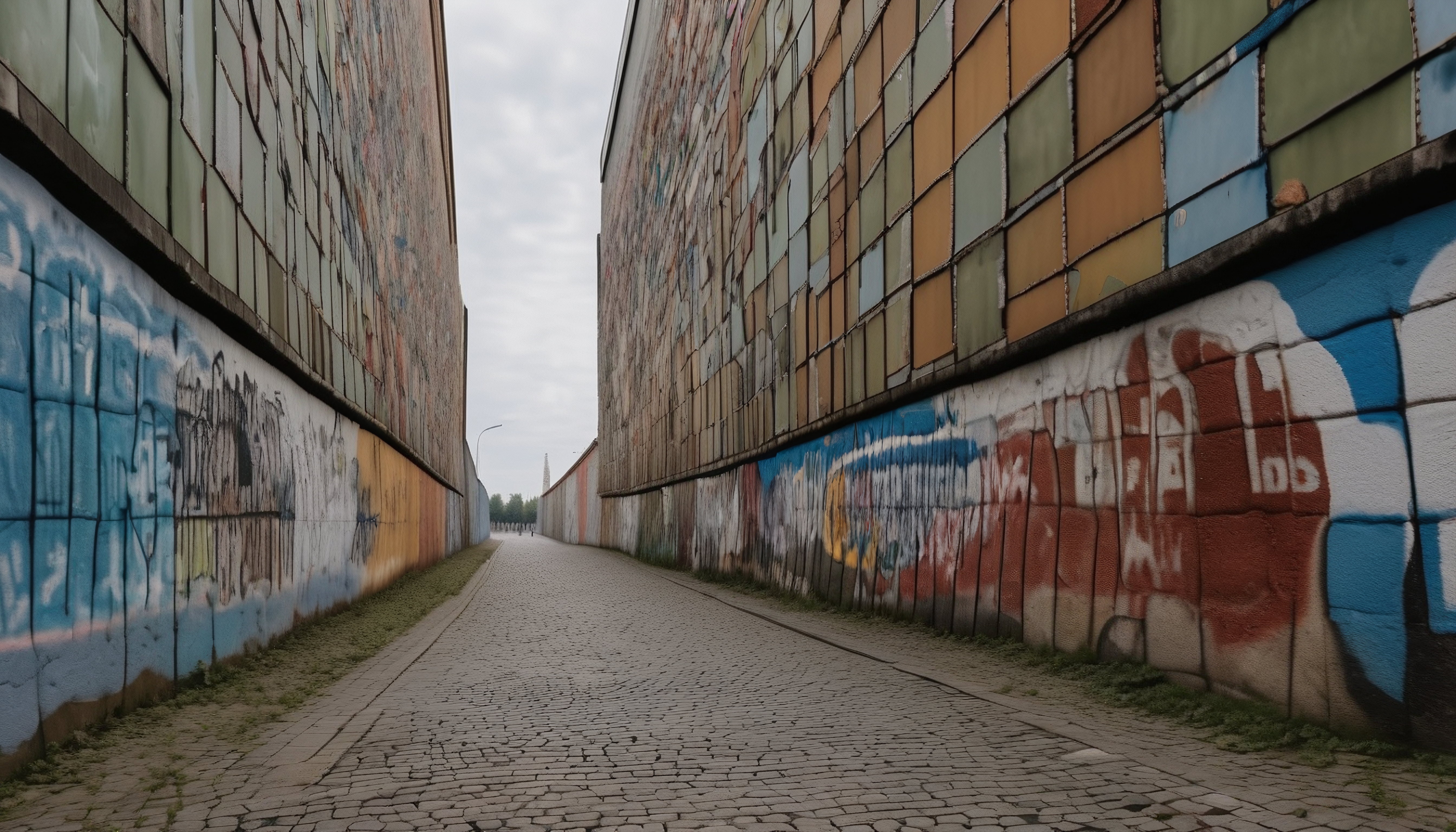A narrow alley with graffiti-covered walls and patchwork panels under an overcast sky.