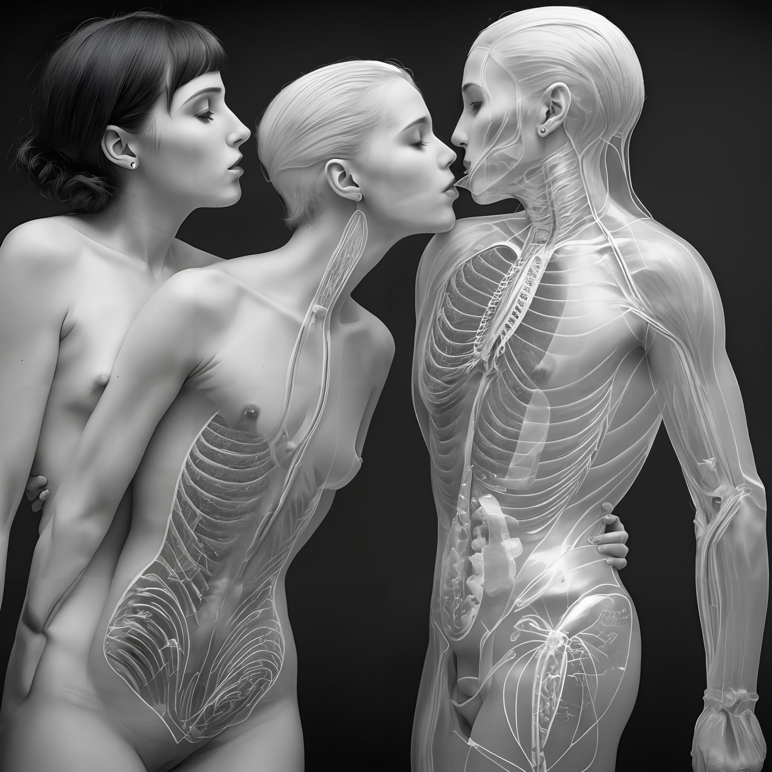 Transparent human figures embrace, revealing intricate anatomical details in a grayscale artistic expression.