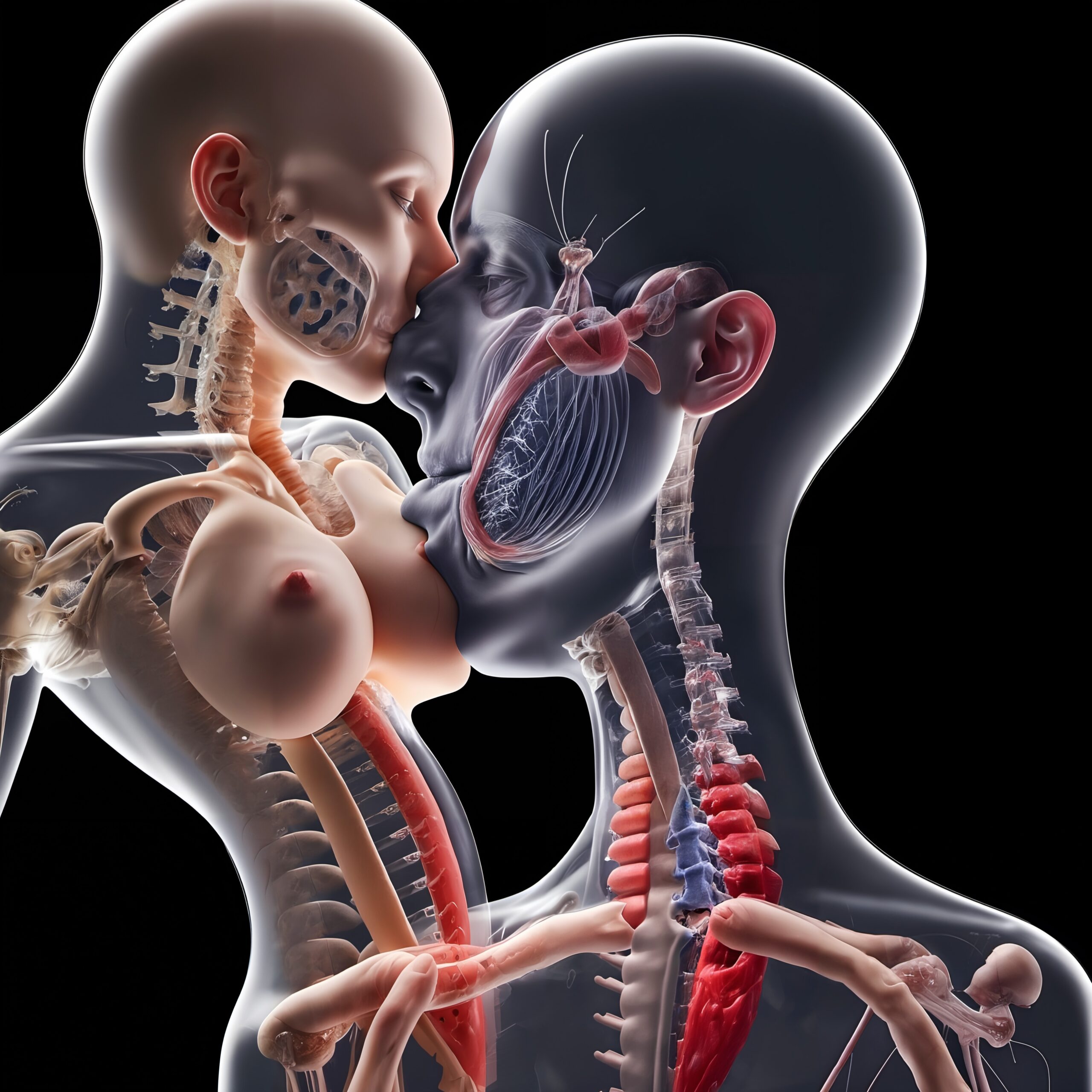 An intricate anatomical illustration of two people embracing, revealing the internal structures of the human body.