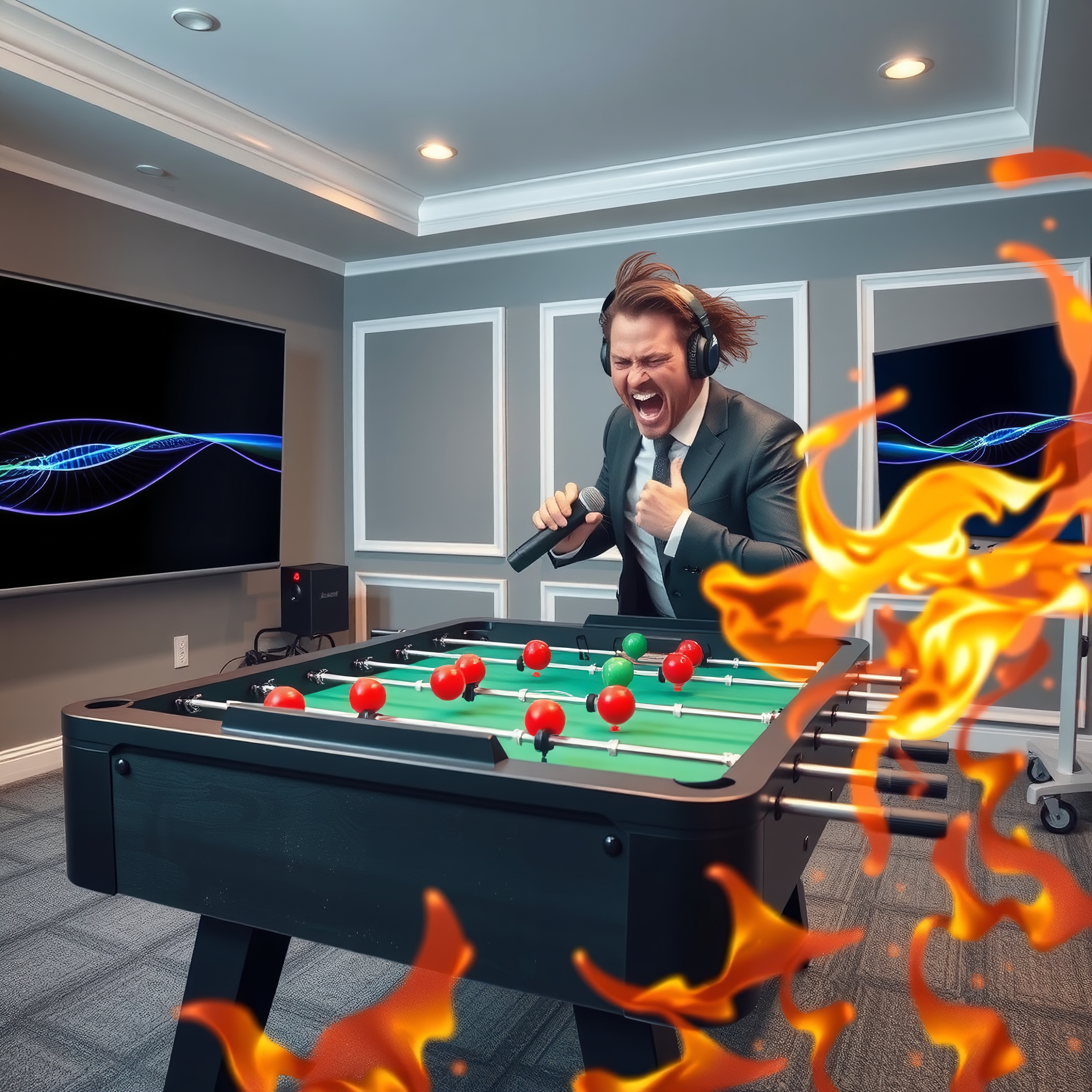 A man passionately shouts near a foosball table amidst fiery flames, creating an energetic and surreal gaming scene.