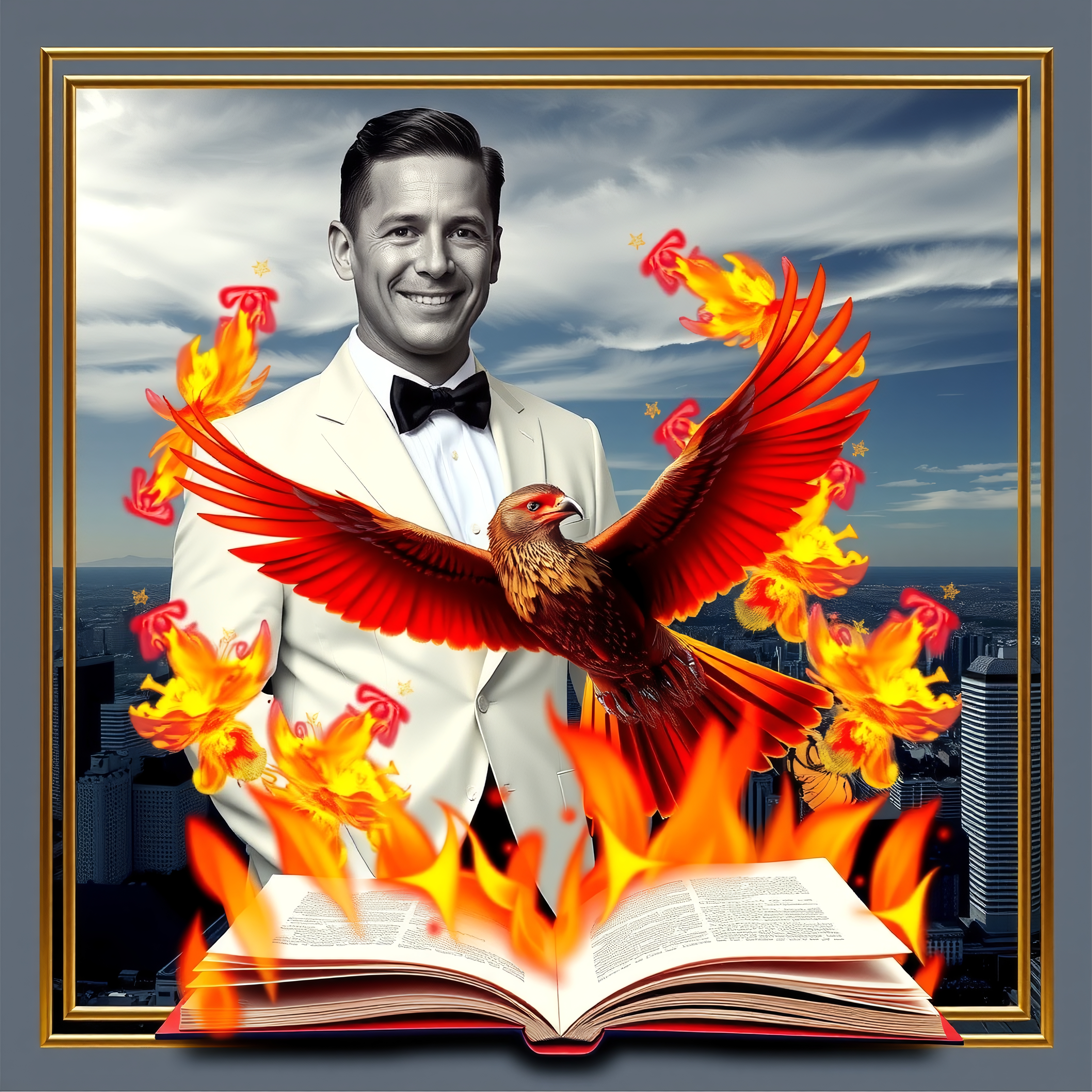 A man in a tuxedo smiles as a fiery phoenix emerges from an open book against a cityscape backdrop.