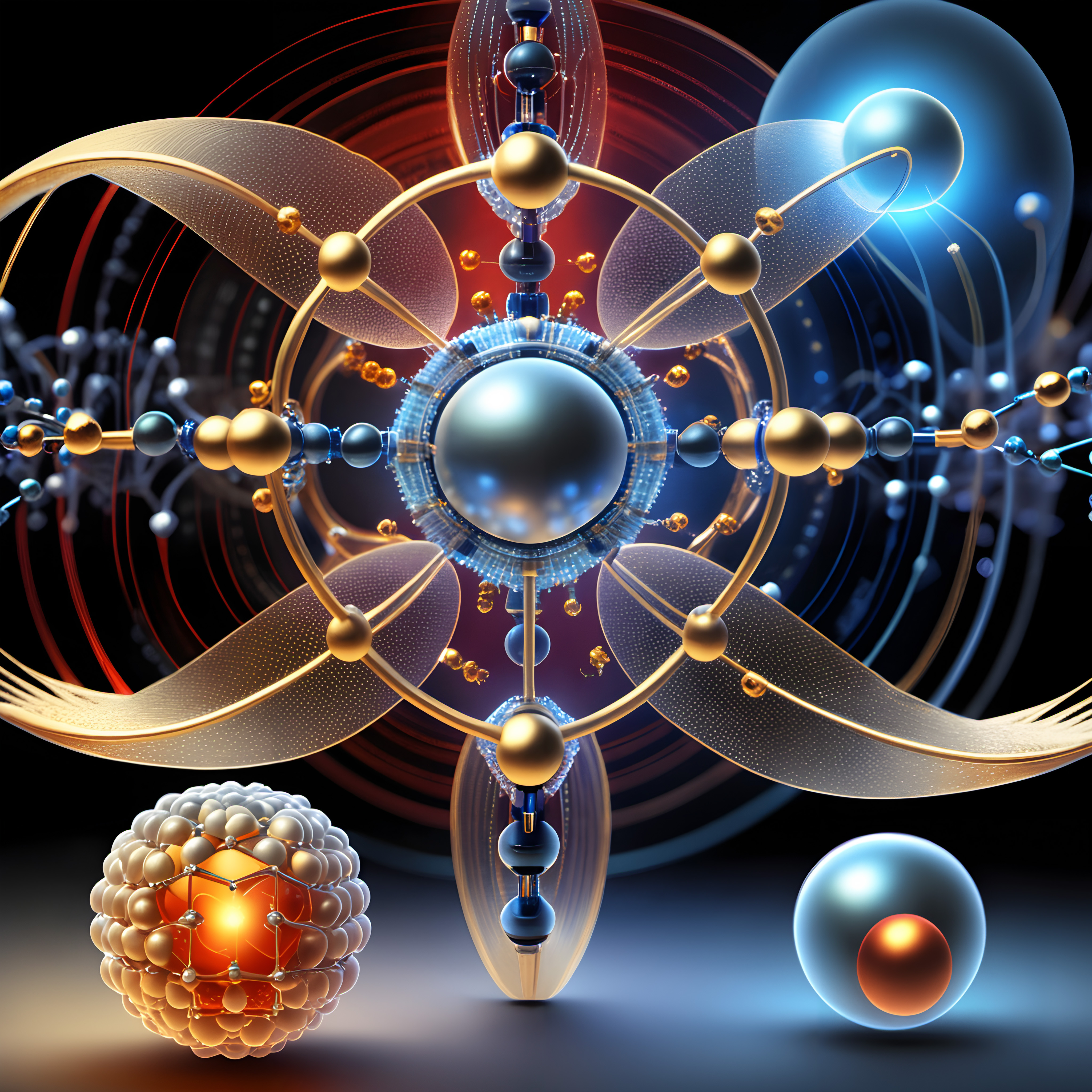 Futuristic art depicting glowing atomic structures interwoven with metallic and organic patterns, illustrating advanced scientific concepts.