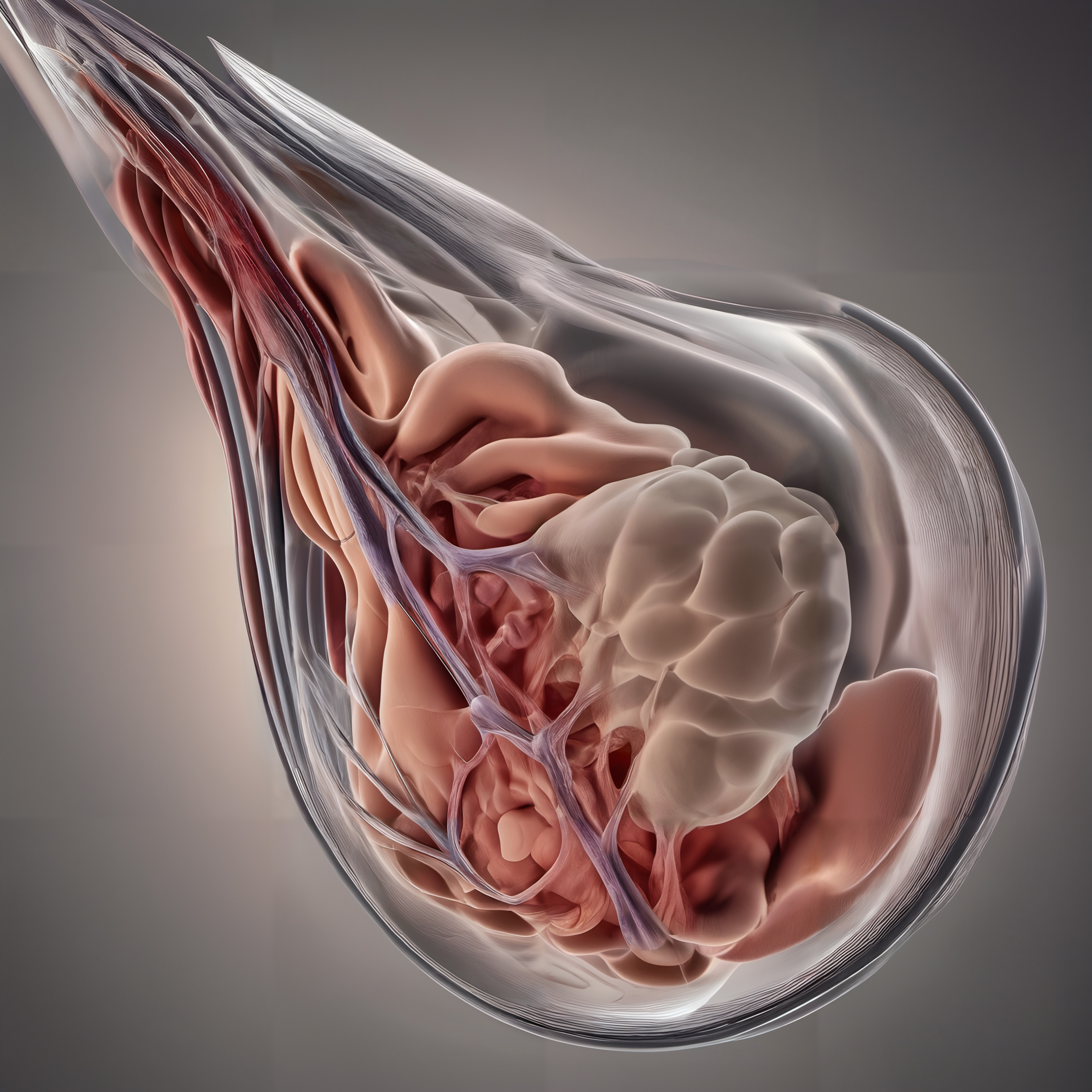 Detailed anatomical illustration of breast tissue highlighting ducts, lobules, and vascular elements.