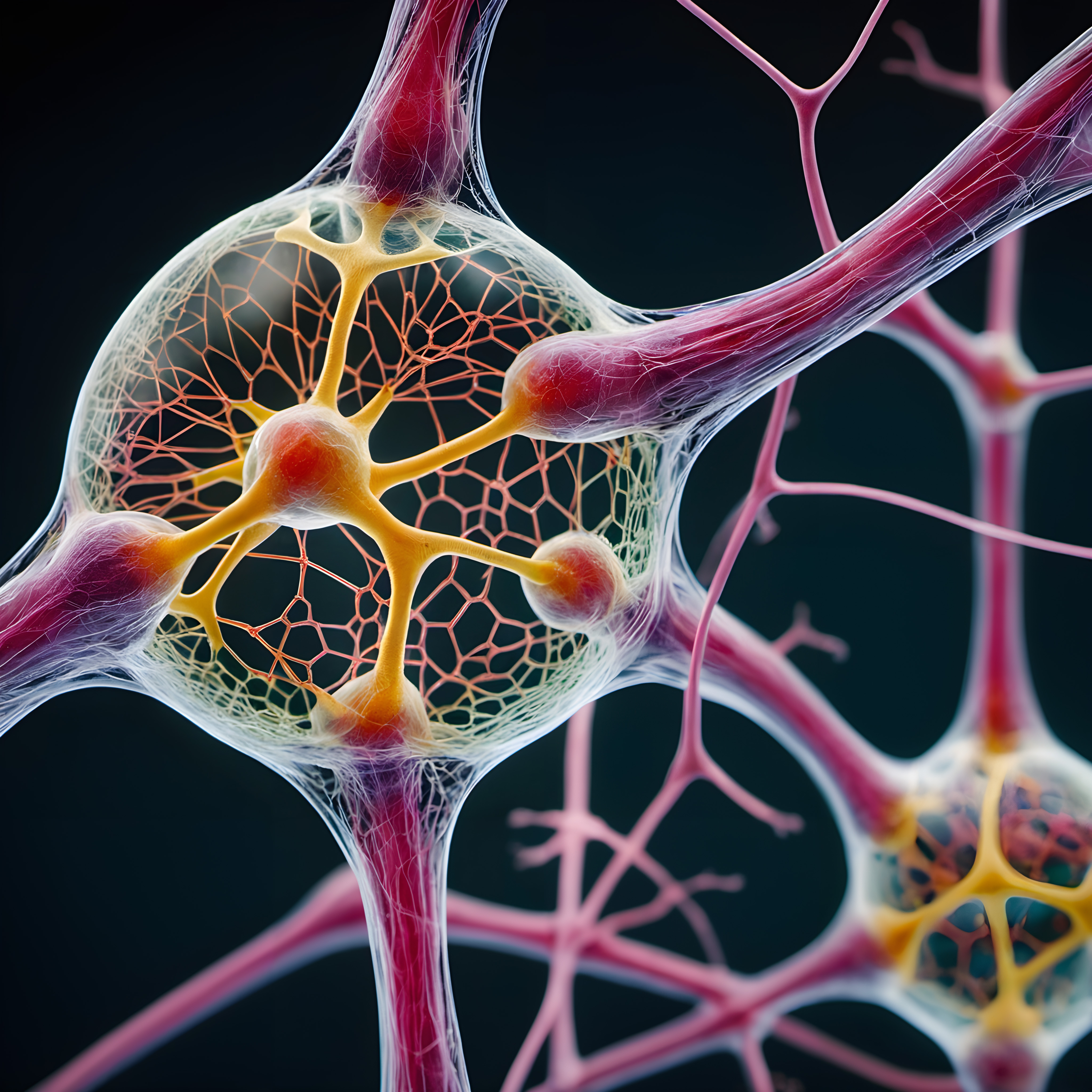 Illustration of network of neurons displaying intricate connections with vivid colors.