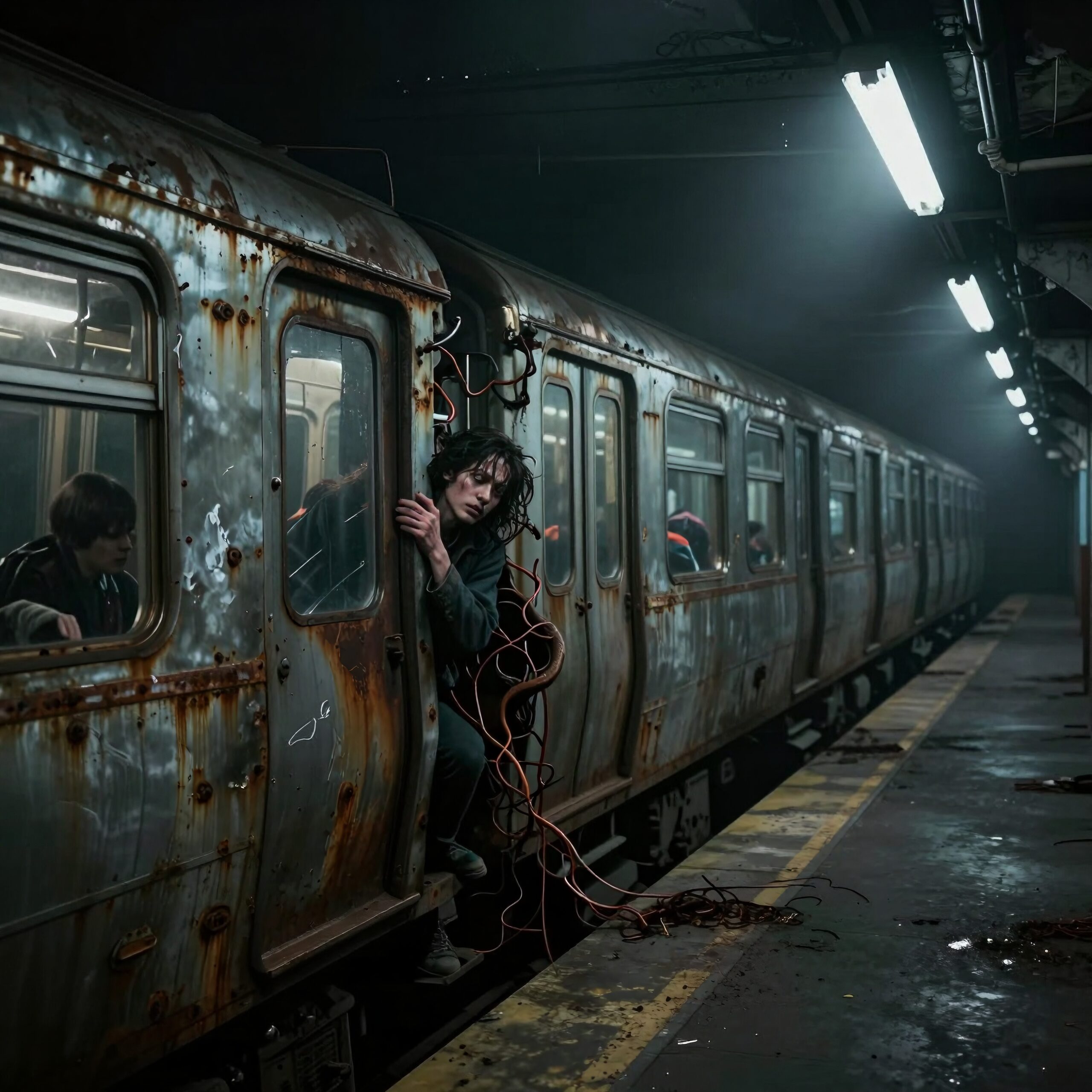A man cautiously exits a rusted, abandoned subway train in a dark, eerie station, trailing wires.