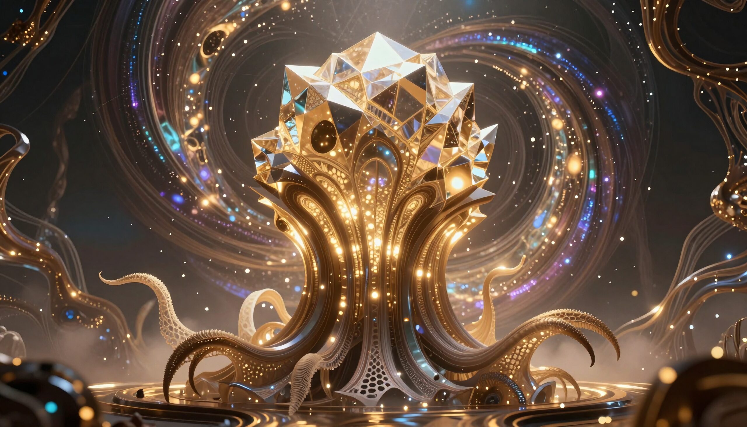 Intricate futuristic crystal design with swirling cosmic elements and radiant lights.