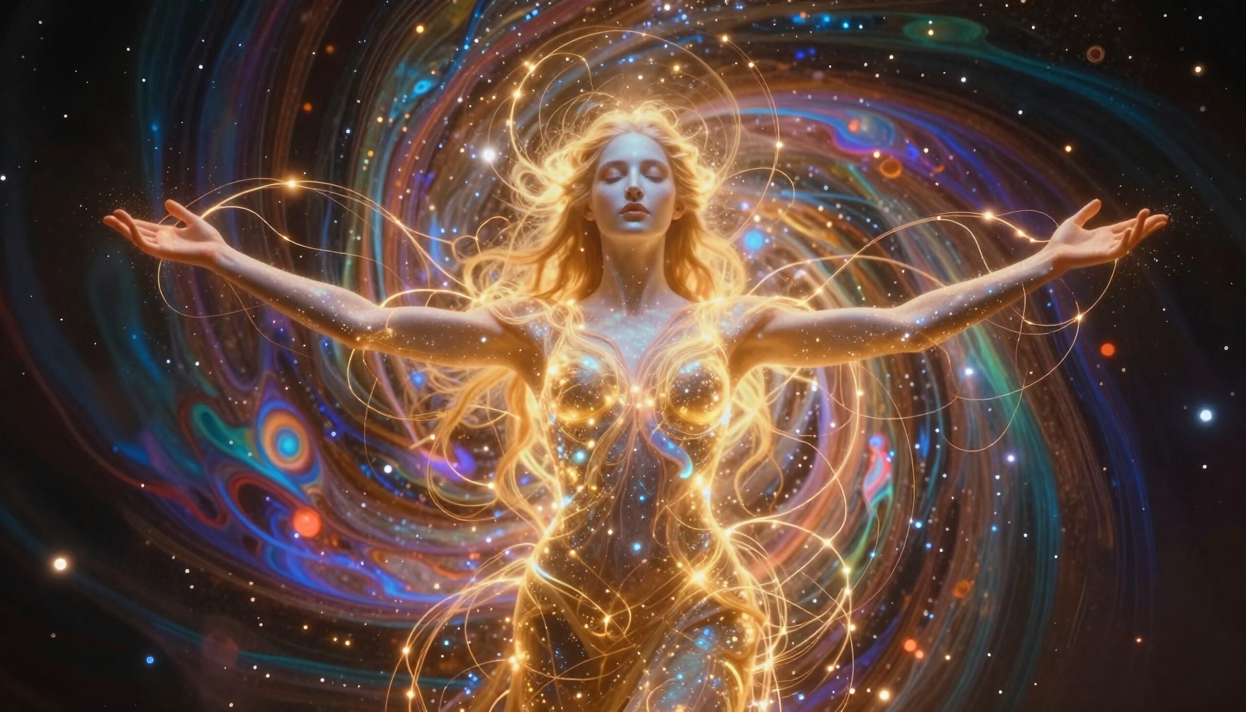 A luminous woman embodies cosmic energy amid swirling galaxies and vibrant starbursts.