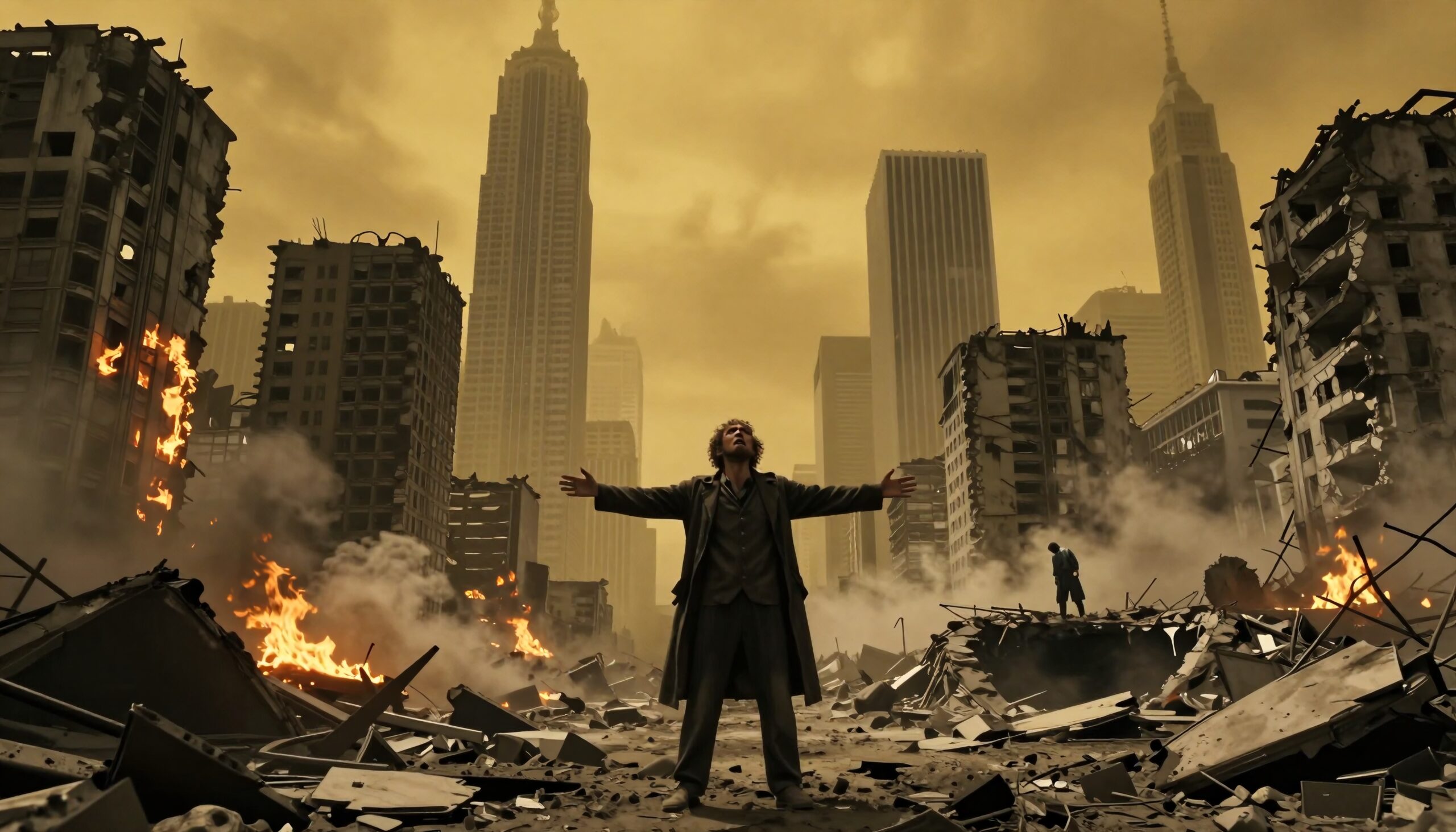 Dramatic scene of a lone figure standing in a burning, destroyed cityscape with towering ruins.