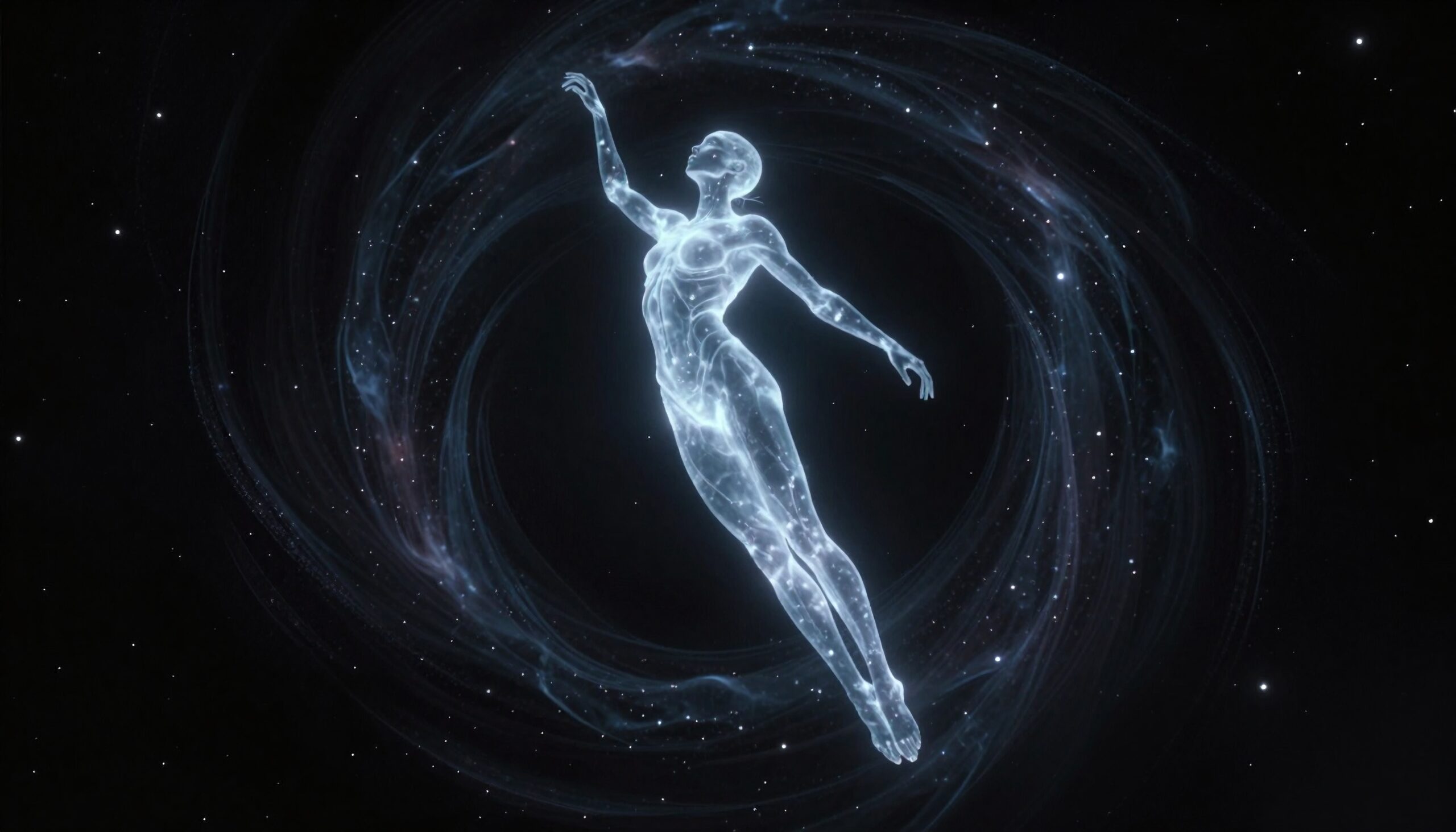 Ethereal humanoid figure in cosmic space surrounded by swirling nebulas and stars.