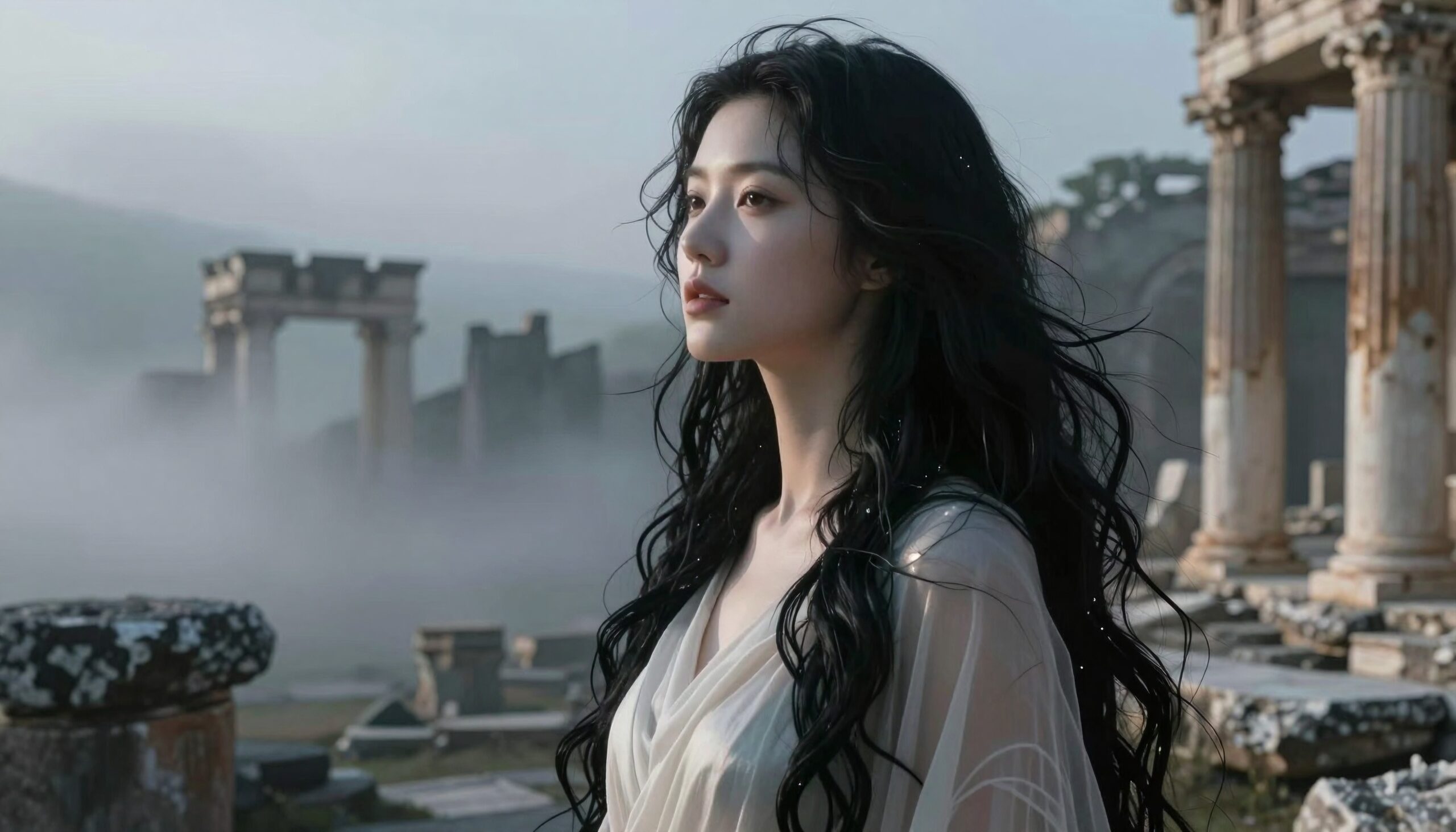 Young woman in ruins, enveloped in fog, with ancient columns and mystical atmosphere.