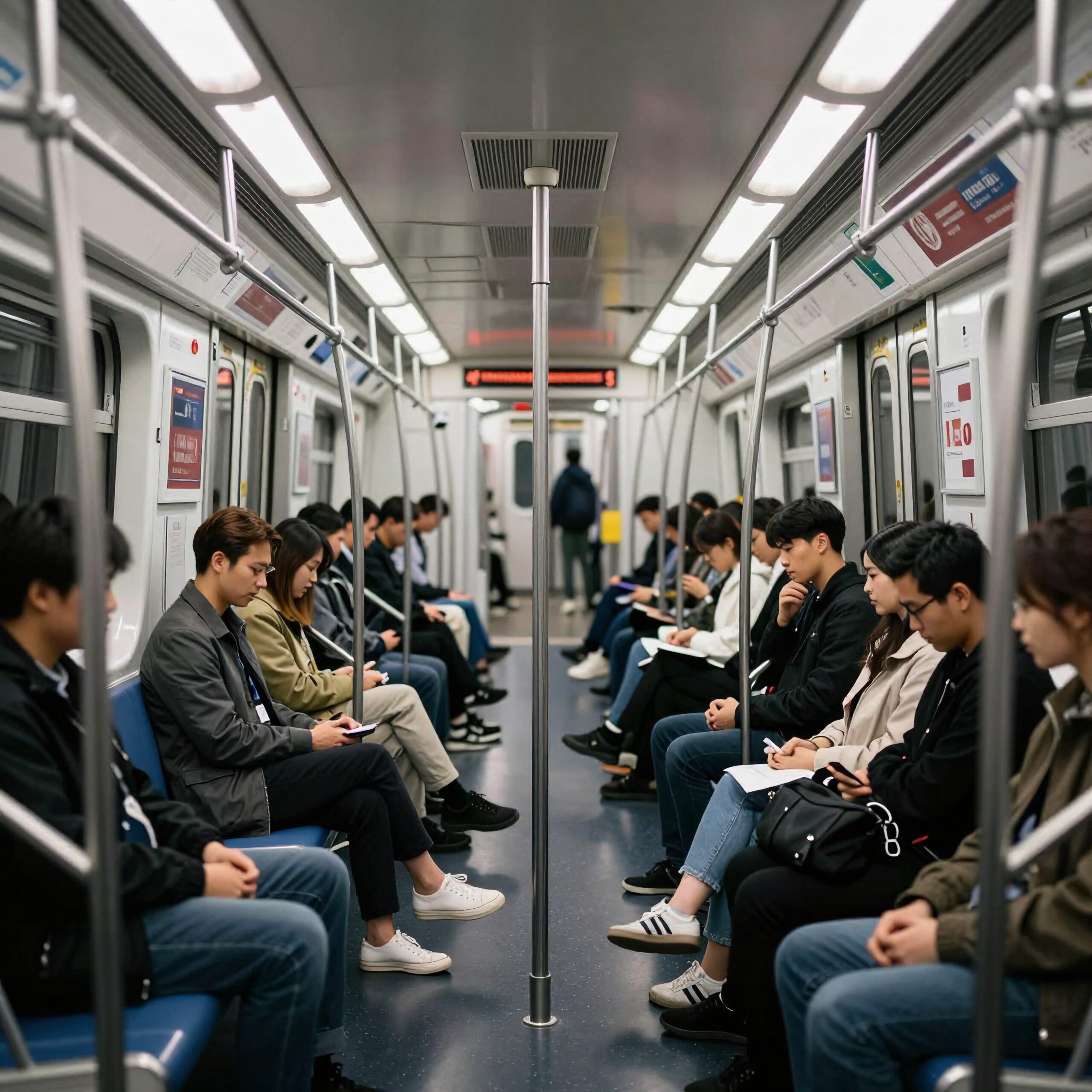 A filled subway car with engaged commuters using smartphones during a typical urban journey.