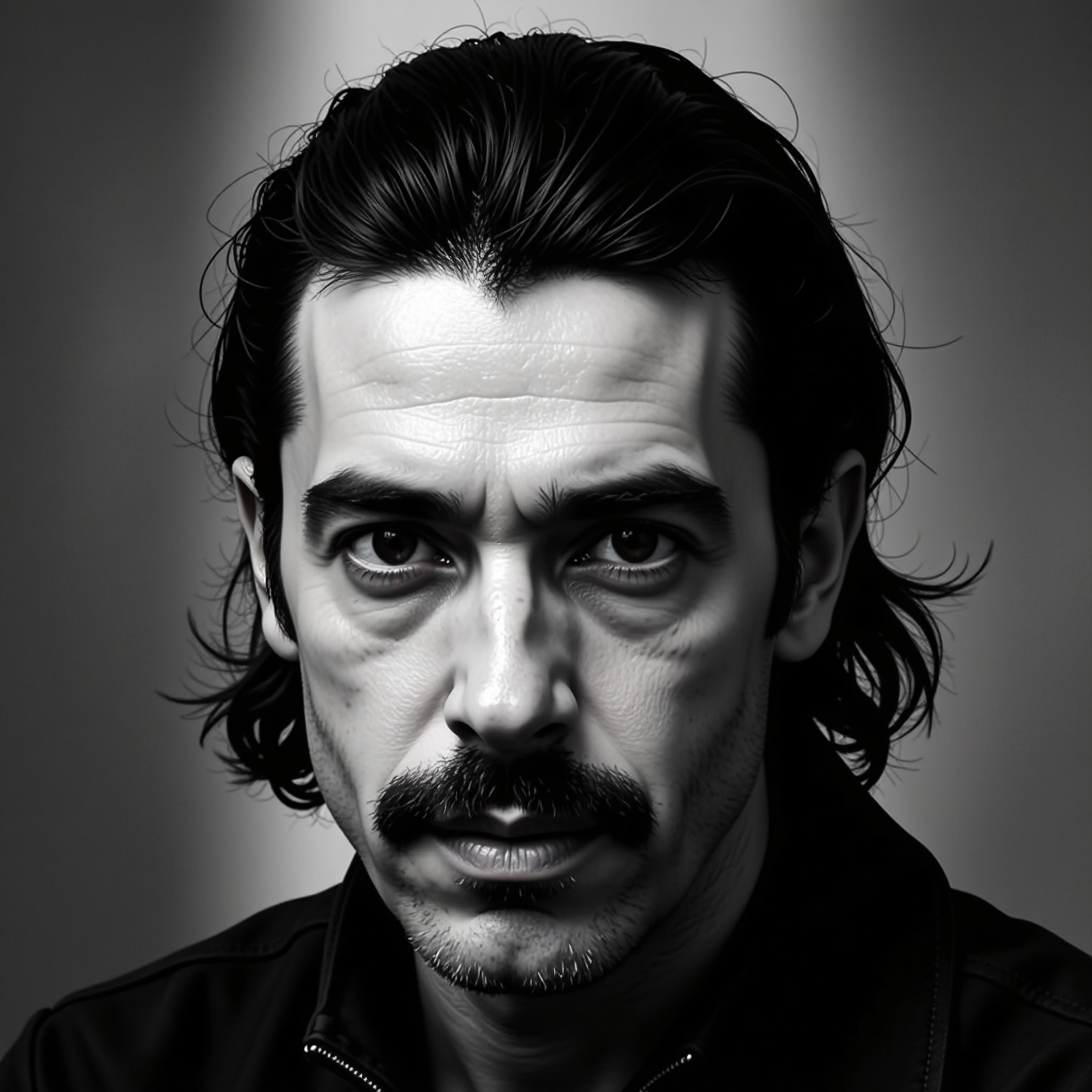 Black and white portrait of a serious man with dark hair and a mustache, emphasizing intense expression and textured details.