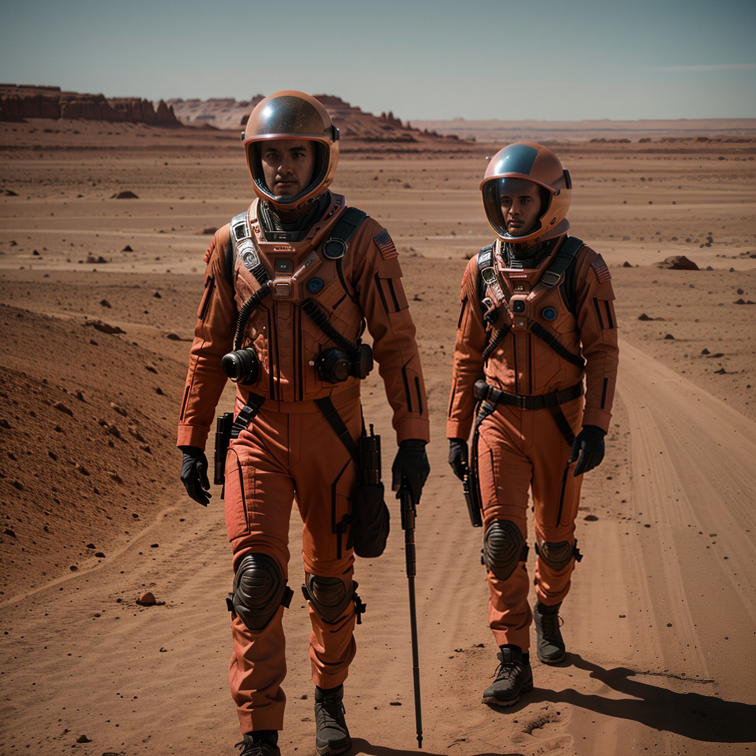 Two astronauts in orange suits walk on a barren desert, suggesting Mars exploration.