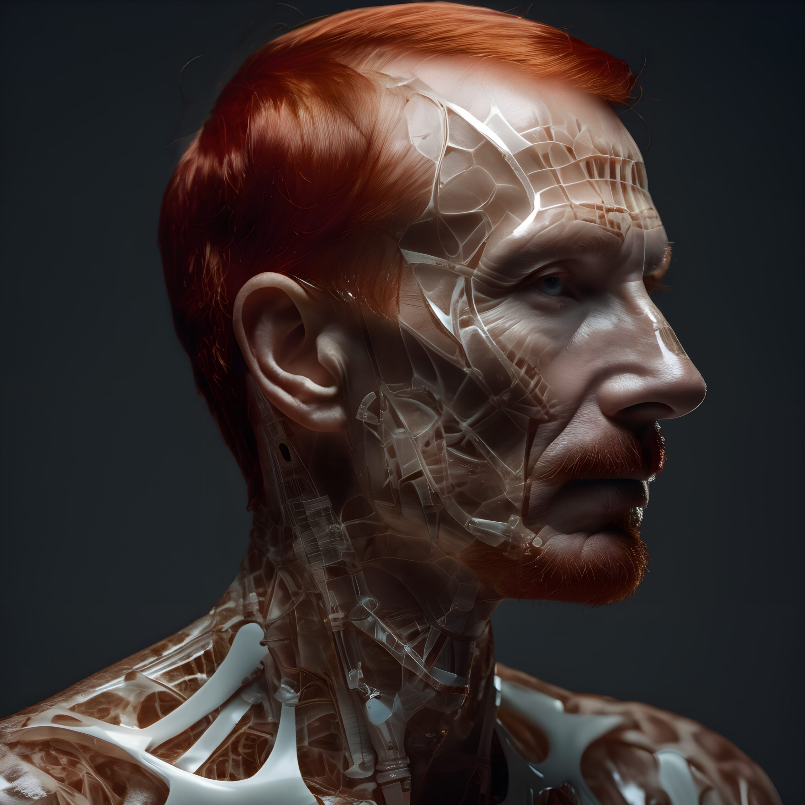 A futuristic cyborg man with red hair, featuring intricate mechanical and biological details on a glossy textured surface.