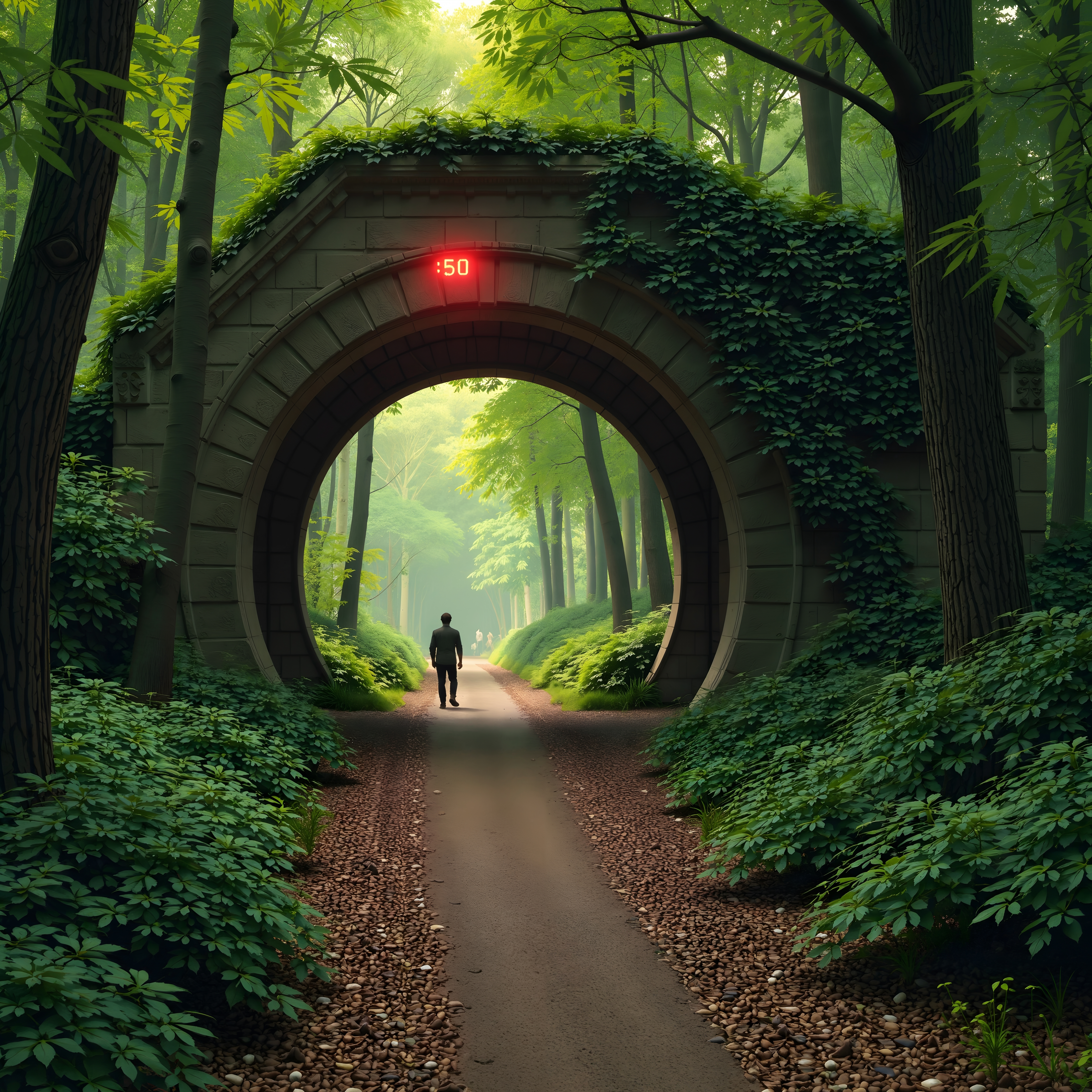 A person walks through an ivy-covered archway in a serene forest setting with a digital countdown.
