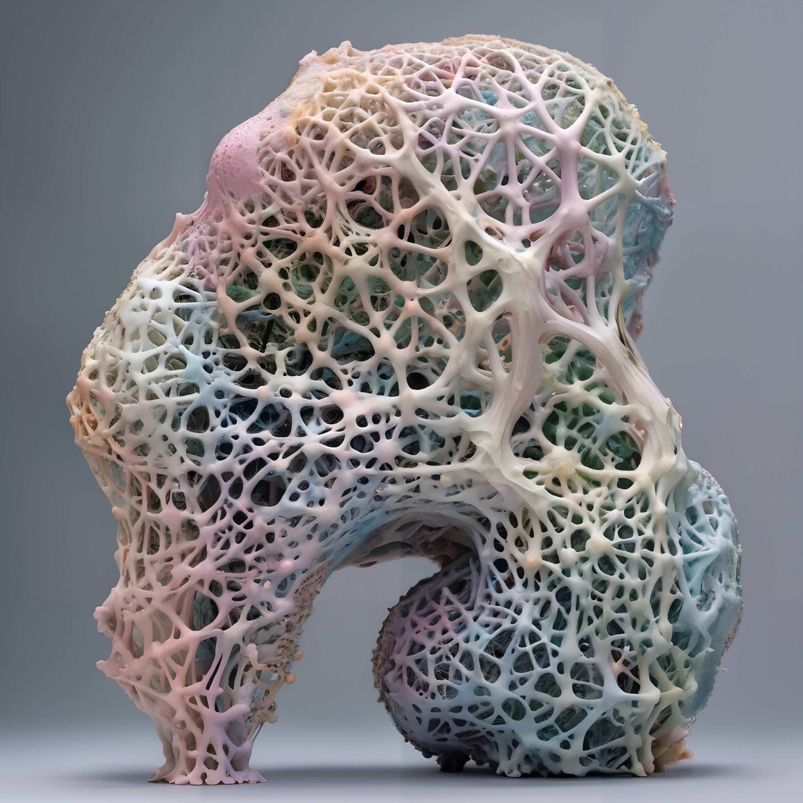 A colorful, intricate sculpture with pastel tendrils resembling an organic mesh structure against a gray background.
