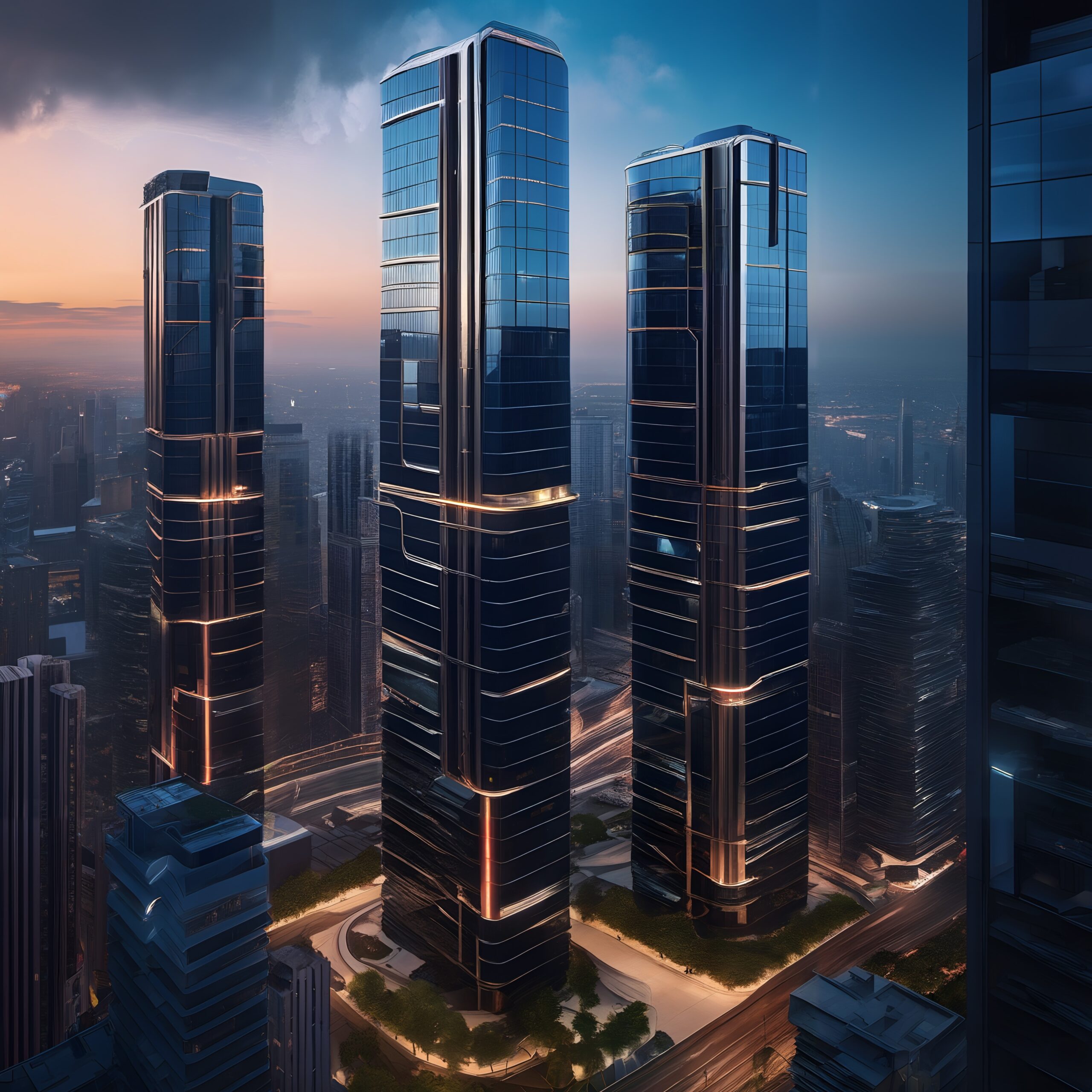 A stunning view of futuristic skyscrapers with glass facades illuminated by sunset hues in an urban metropolis.