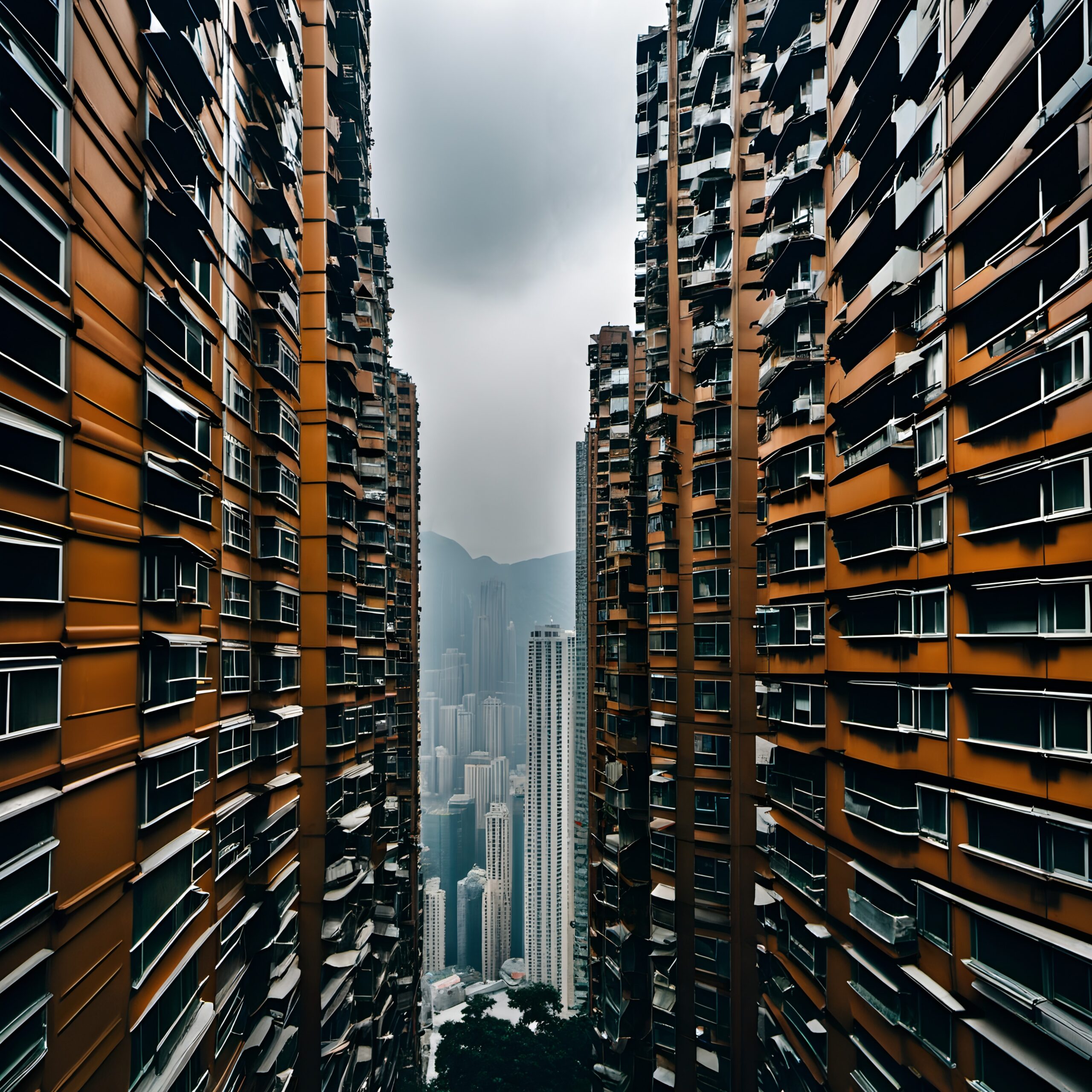 Tall orange towers frame a hazy city skyline displaying urban density.