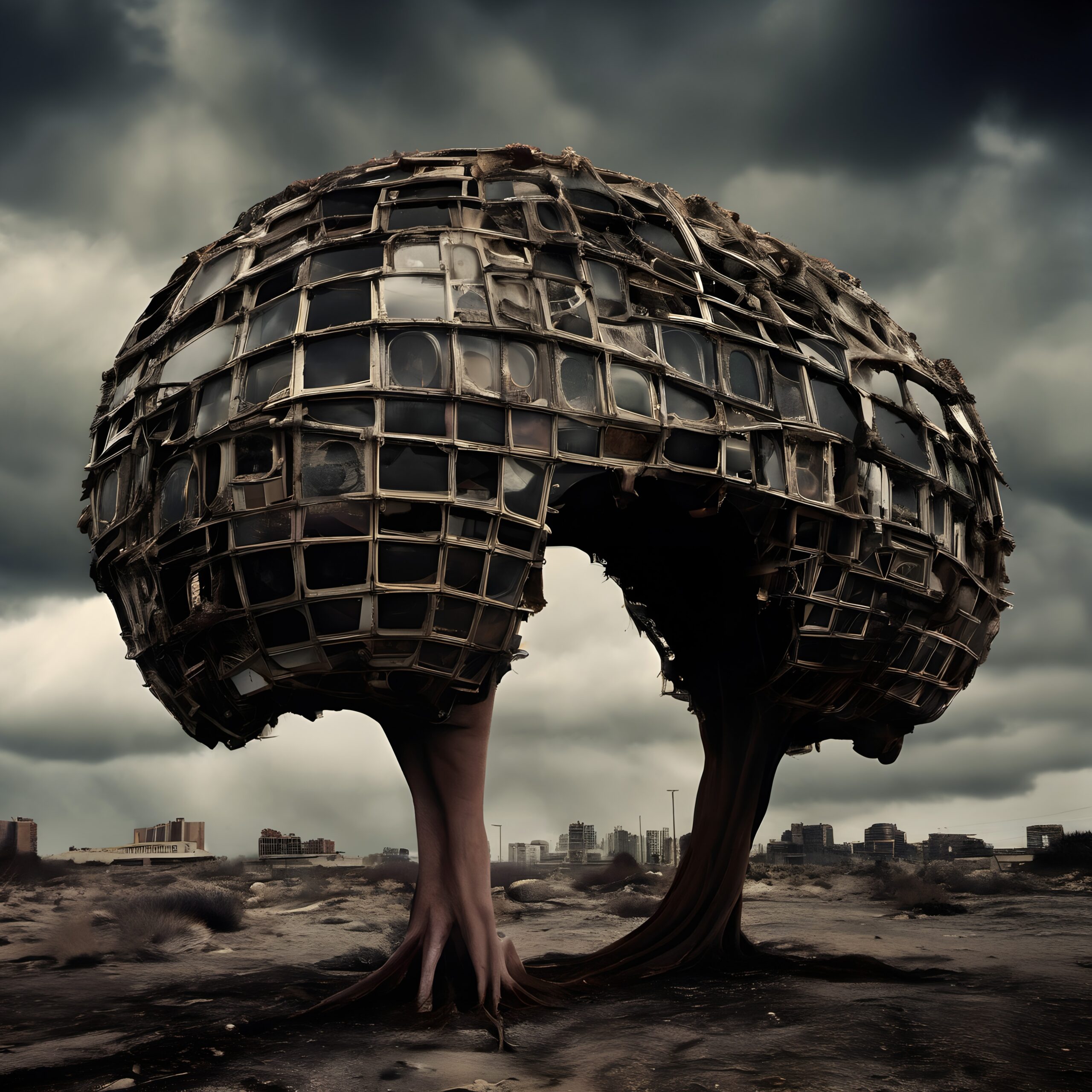 A surreal dome of televisions forming a tree-like structure in a post-apocalyptic landscape against a stormy sky.