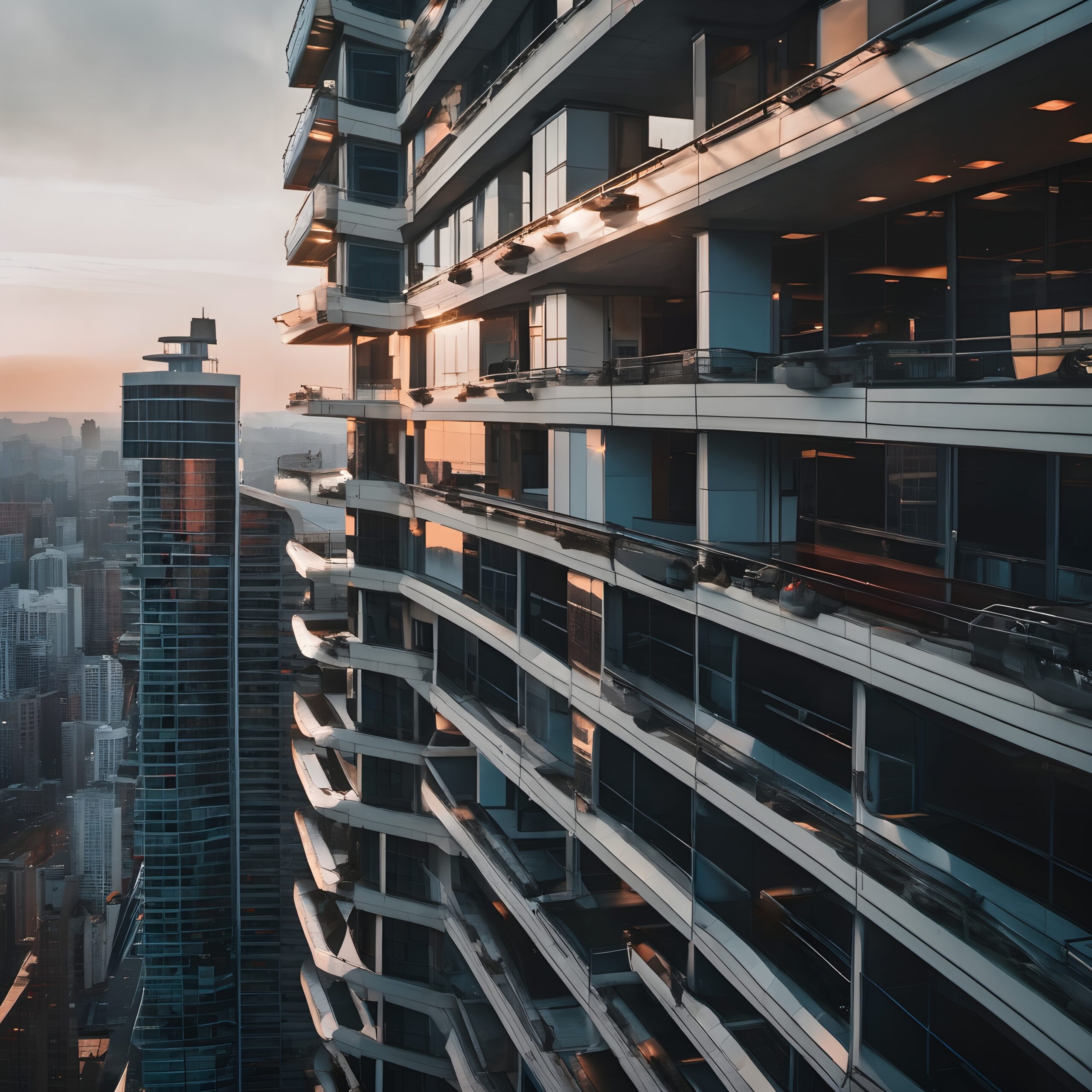 Modern cityscape with sunset reflections.