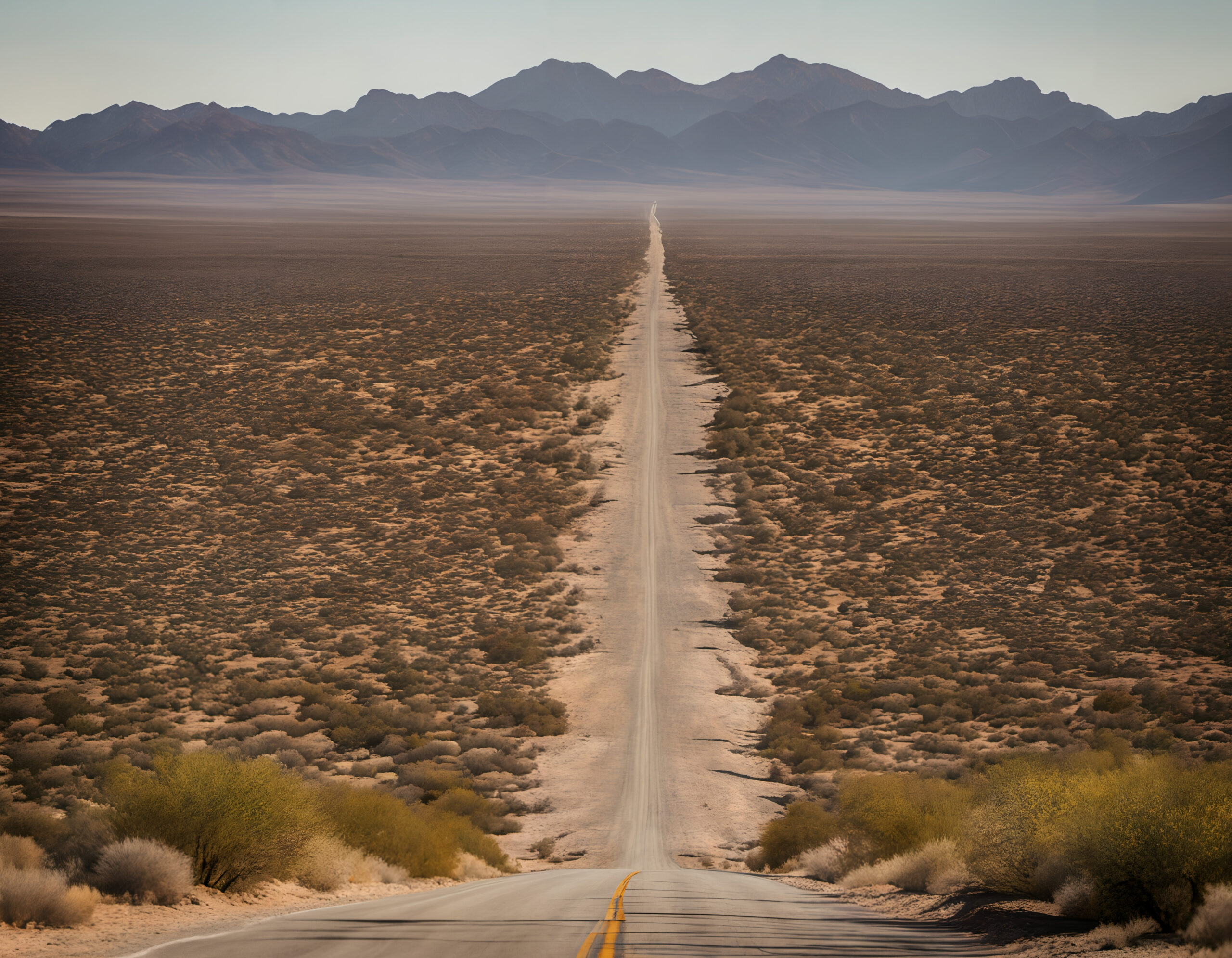Long empty desert road leading towards distant mountains