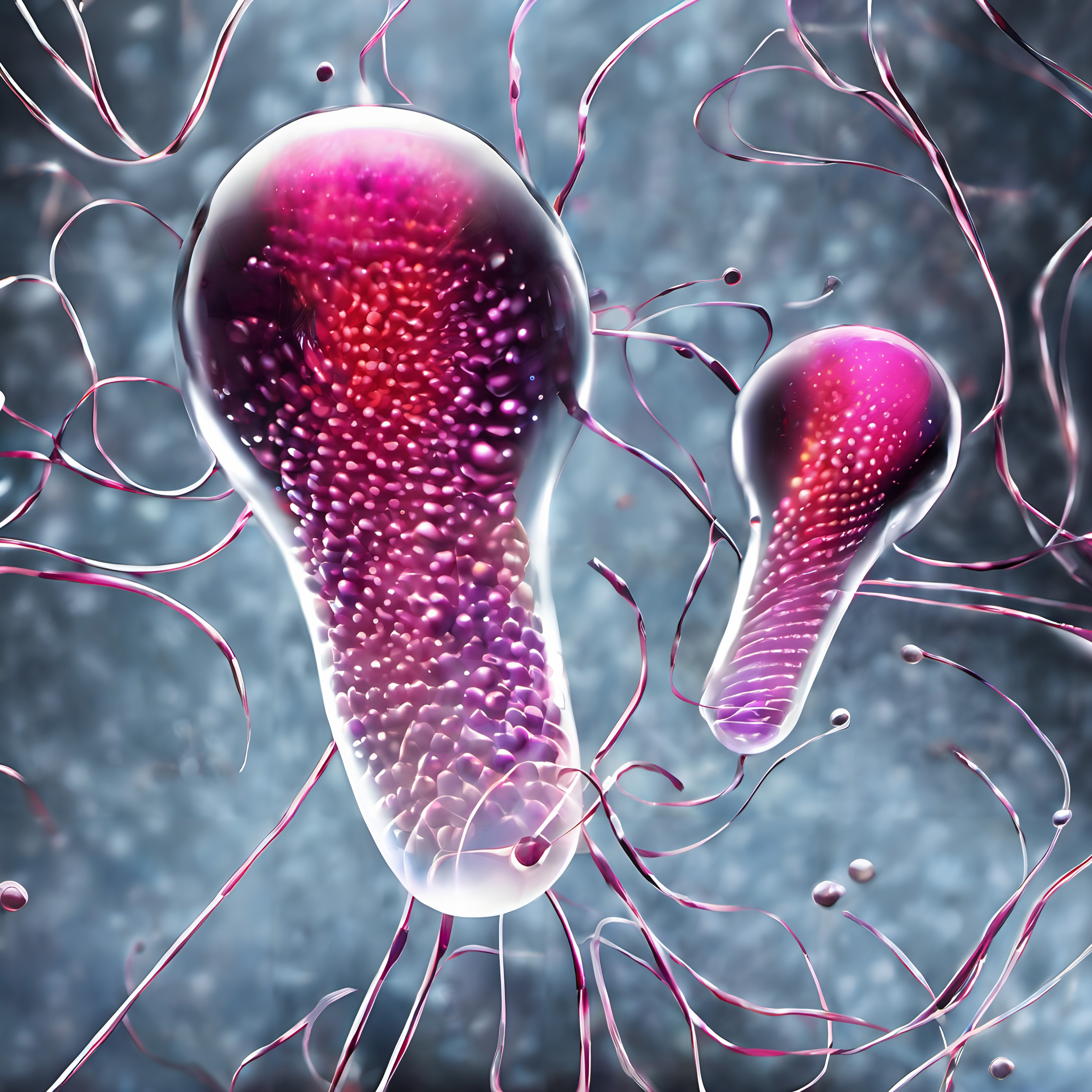 Abstract depiction of vivid, translucent, microorganism-like shapes with tendrils.