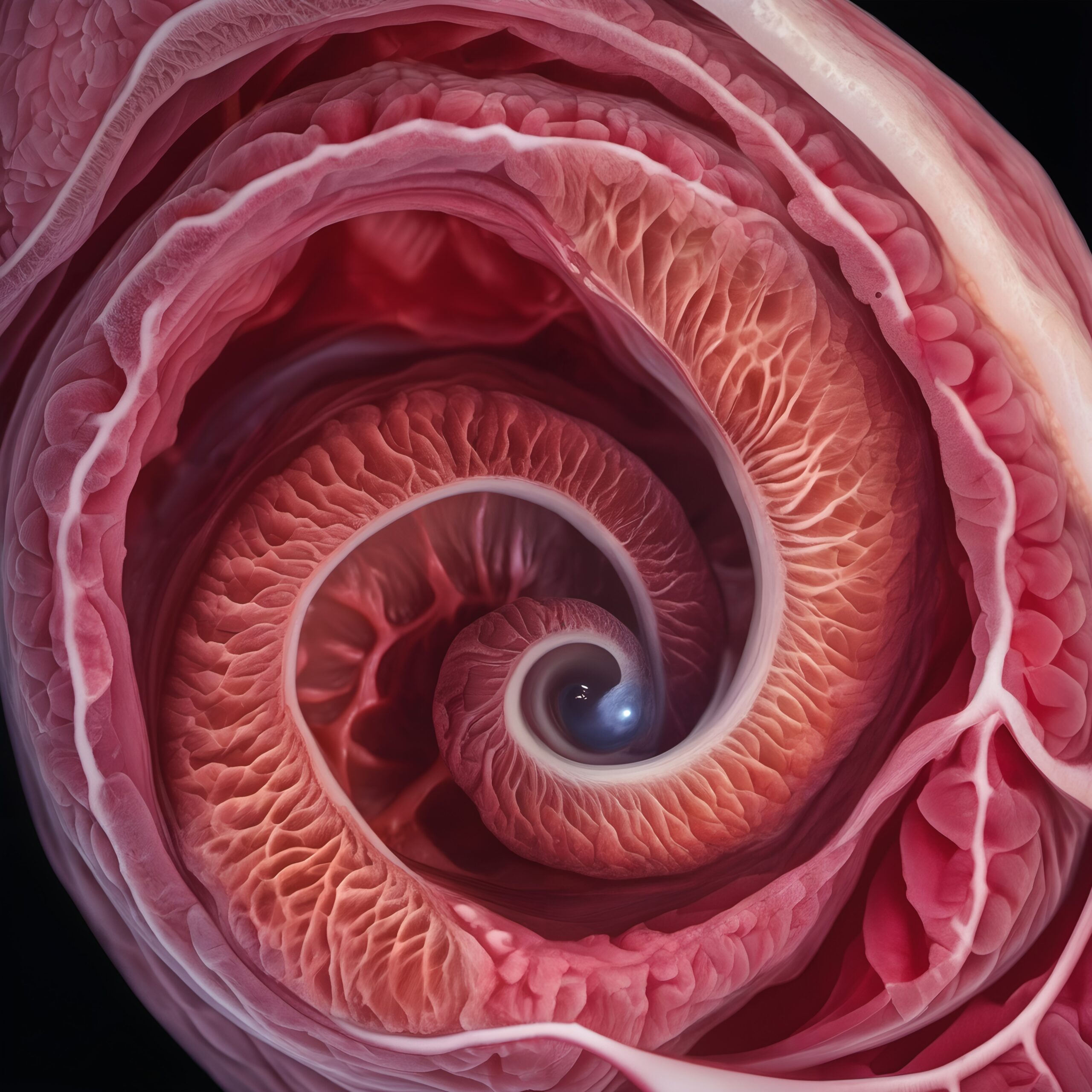 A mesmerizing spiral with intricate, organic layers resembling natural formations, in hues of pink.