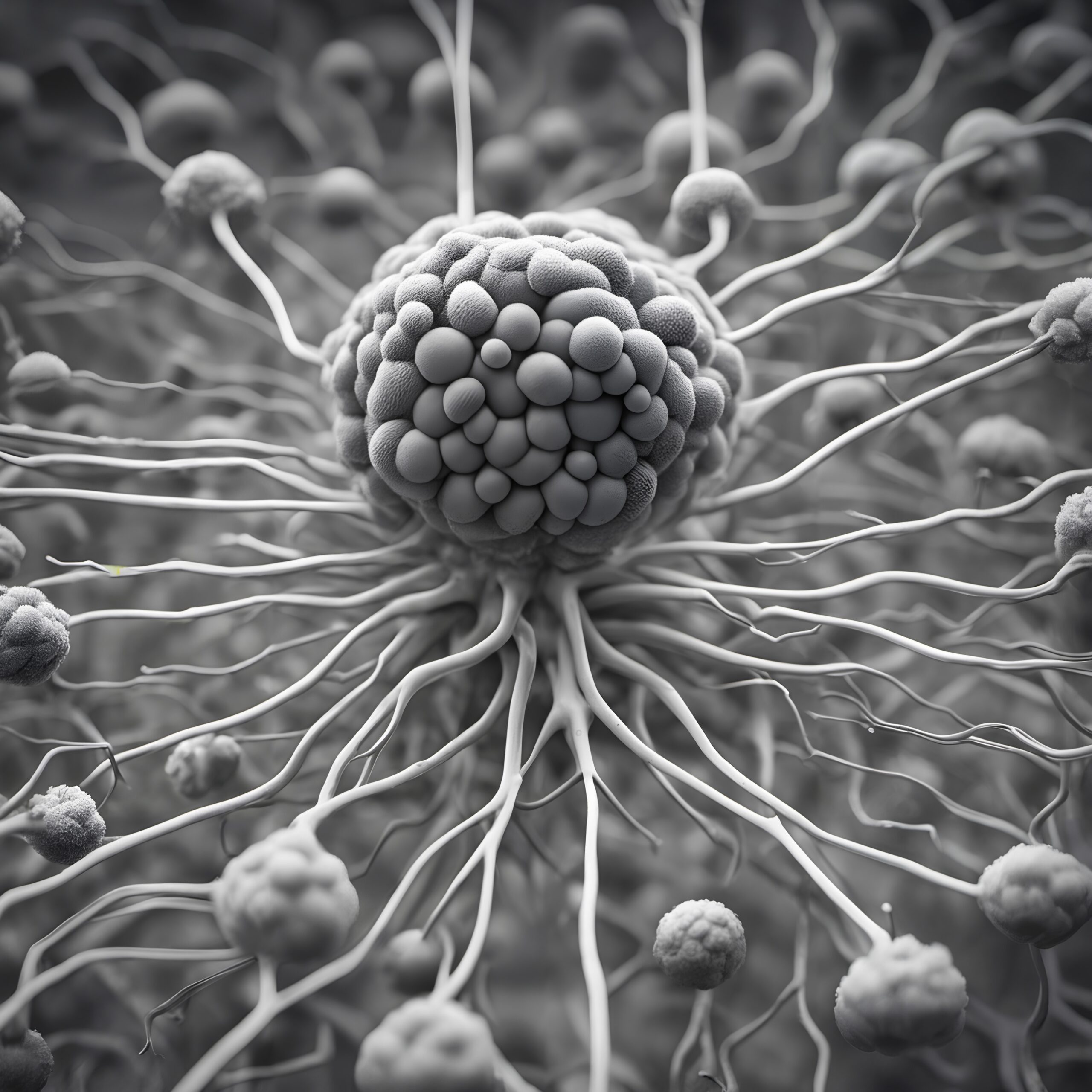 Monochromatic image of complex neural-inspired structure with central core and extending tendrils showing a cellular or network system.