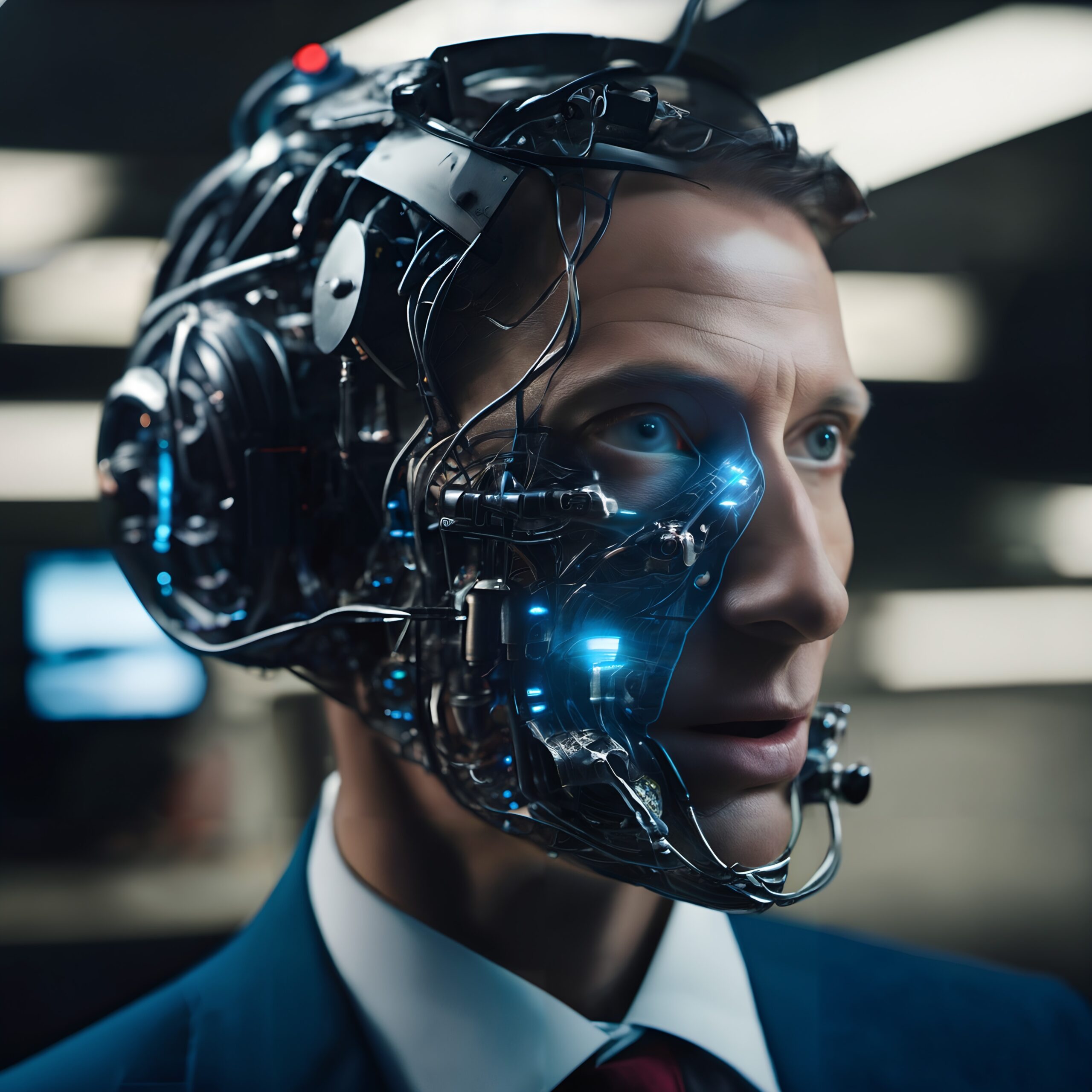 Robotic-enhanced man with glowing circuitry in a futuristic environment.